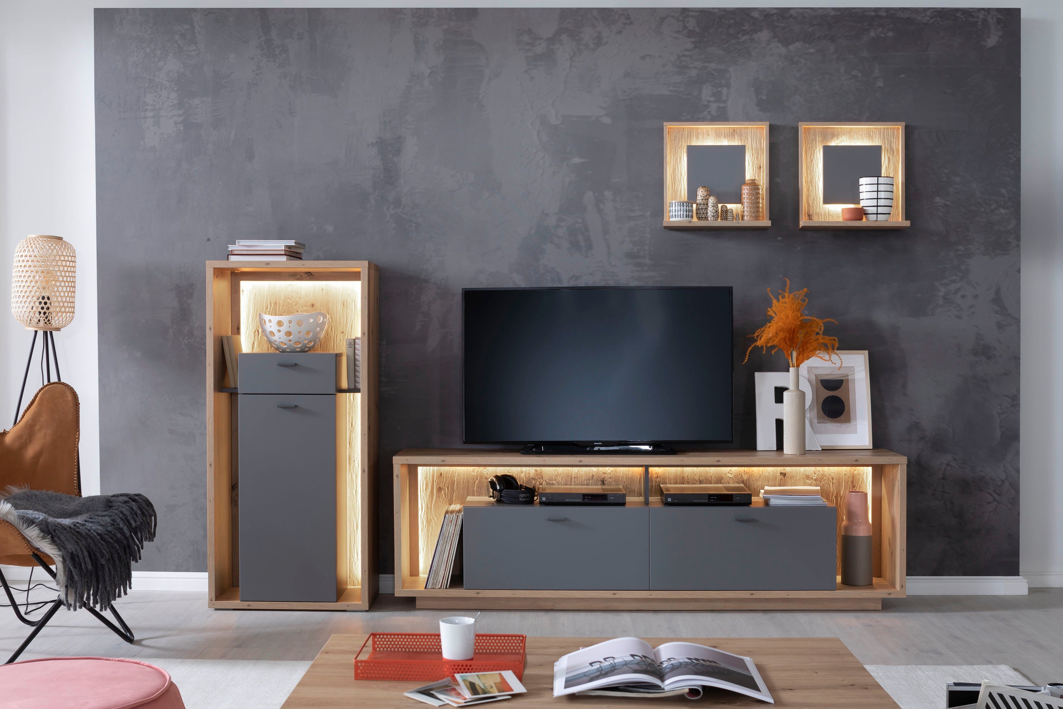 MCA furniture Lowboard Lizzano, TV Möbel für TV bis 80 Zoll mit 3D Rückwand,  wahlweise mit Beleuchtung