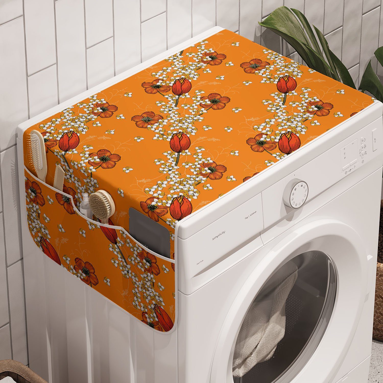 Abakuhaus Badorganizer Anti-Rutsch-Stoffabdeckung für Waschmaschine und Trockner, Floral Blüten in Tangerine-Töne