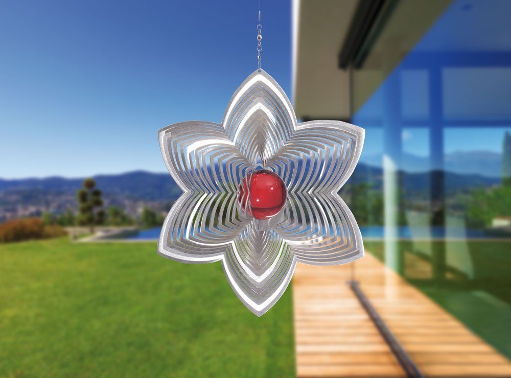 Windspiel Deko-Windrad Edelstahl 50mm -L Blüte roter Kugel Deko mit Garten Lilia ILLUMINO