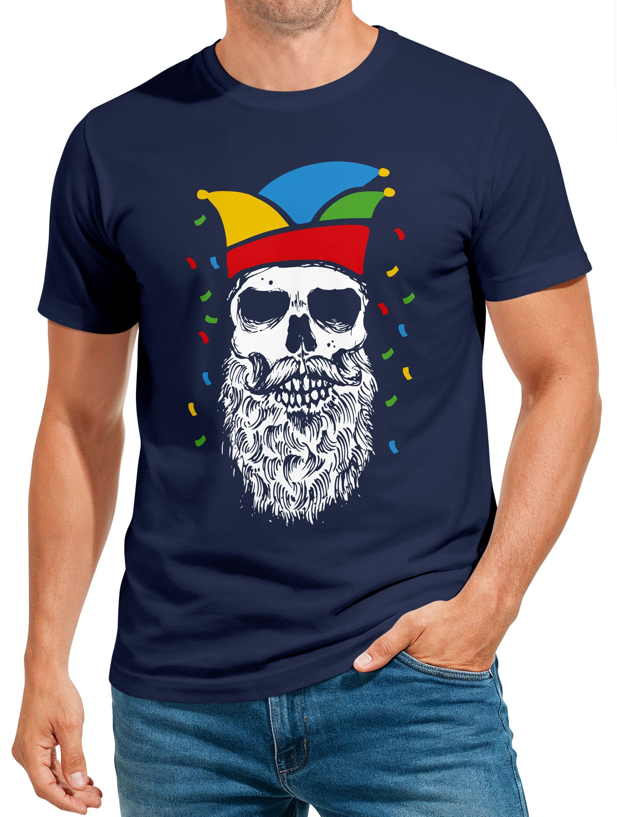 Print-Shirt Herren T-Shirt Fasching Karneval Totenkopf mit Narrenkappe