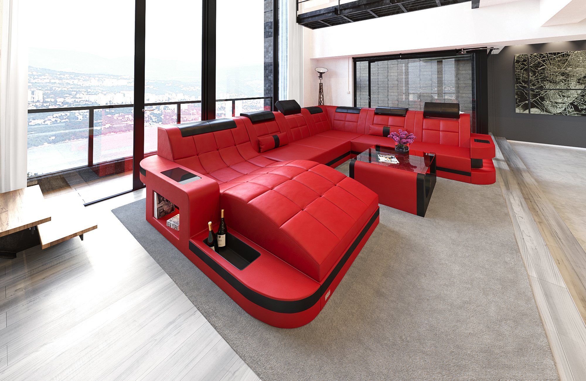 Sofa Dreams Wohnlandschaft Leder Sofa Ledercouch Wave XXL Ledersofa, Couch, mit ergonomischen Ottomane und LED Beleuchtung