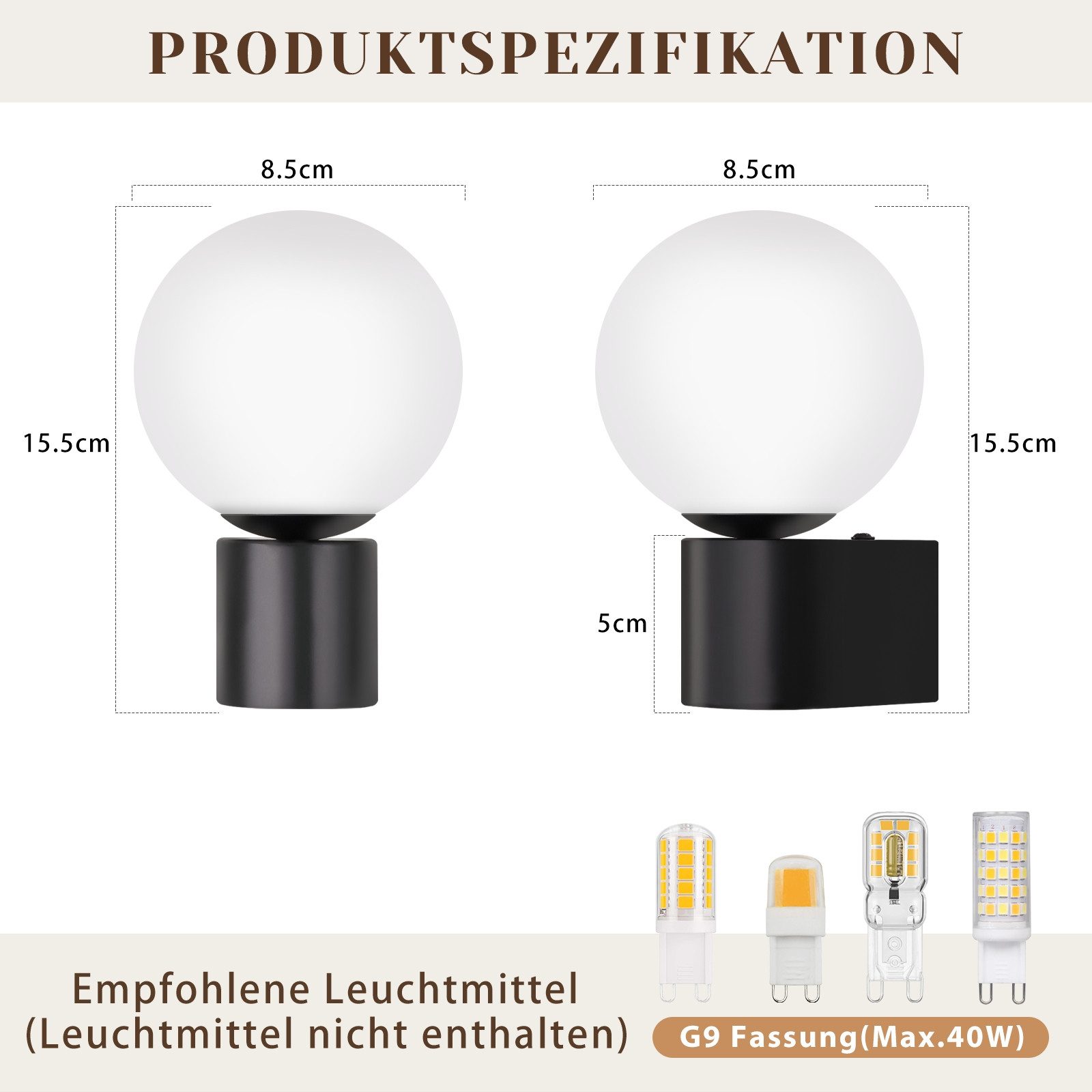 ZMH Wandleuchte Innen Flurlampe Schwarz-Weiß G9 Wandbeleuchtung Glaskugel W günstig online kaufen