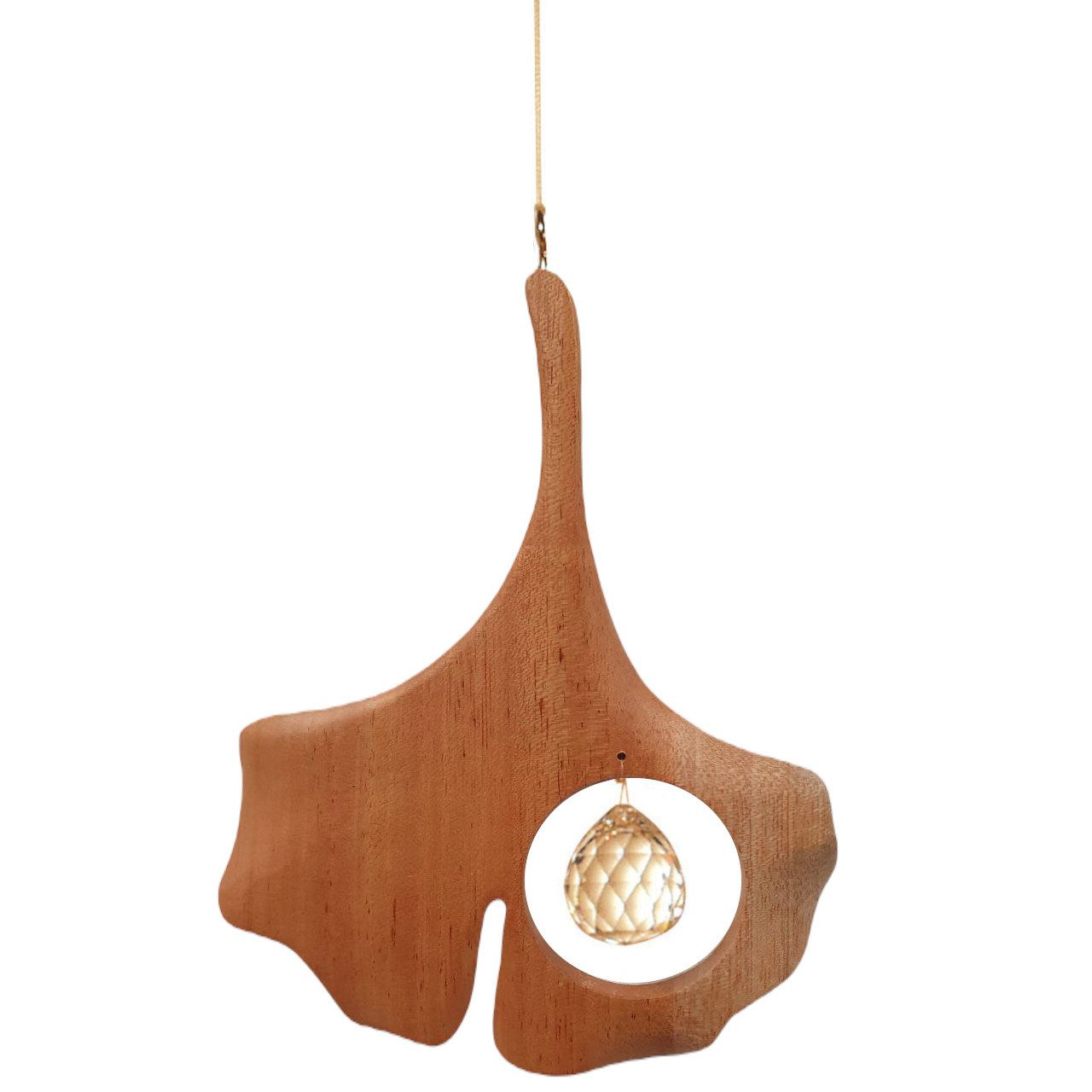 Saraswati Hängedekoration Kristallobjekt "Gingko" 11x15cm Holz natur mit 20mm Kristallkugel