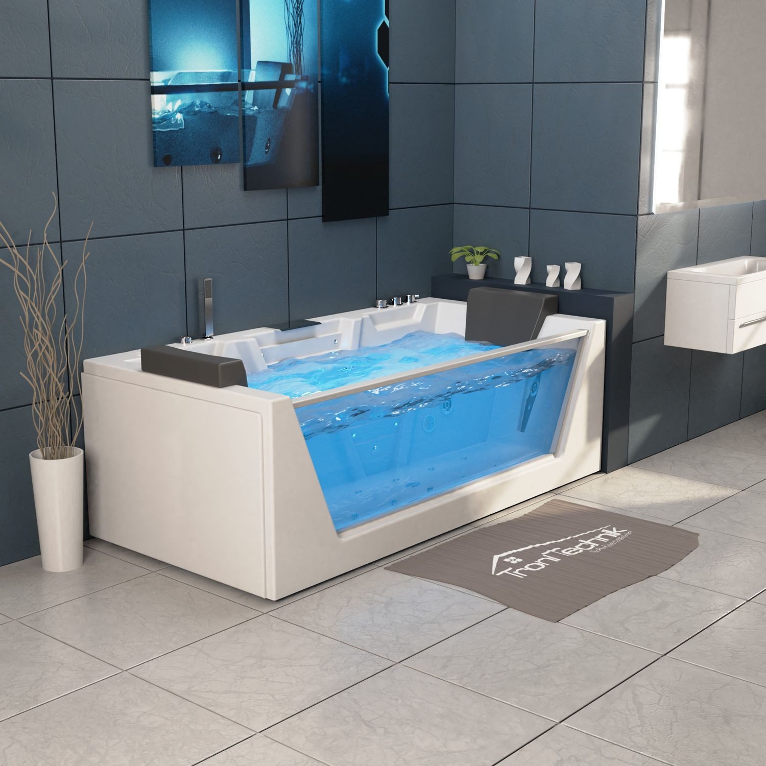 TroniTechnik Whirlpool MYKONOS, 180x88cm,mit Airpoolpumpe,Heizung,Whirlpooldüsen,1-2 Personen, Einbauwhirlpool, (mit Unterwasser LED und Radio, inkl. Zubehör, 8 Airpooljets, 4 Whirlpooljets, inkl. Spülfunktion des Rohrsystems), Premium Whirlpoolpumpe, Unterwasser LED, Massagedüsen