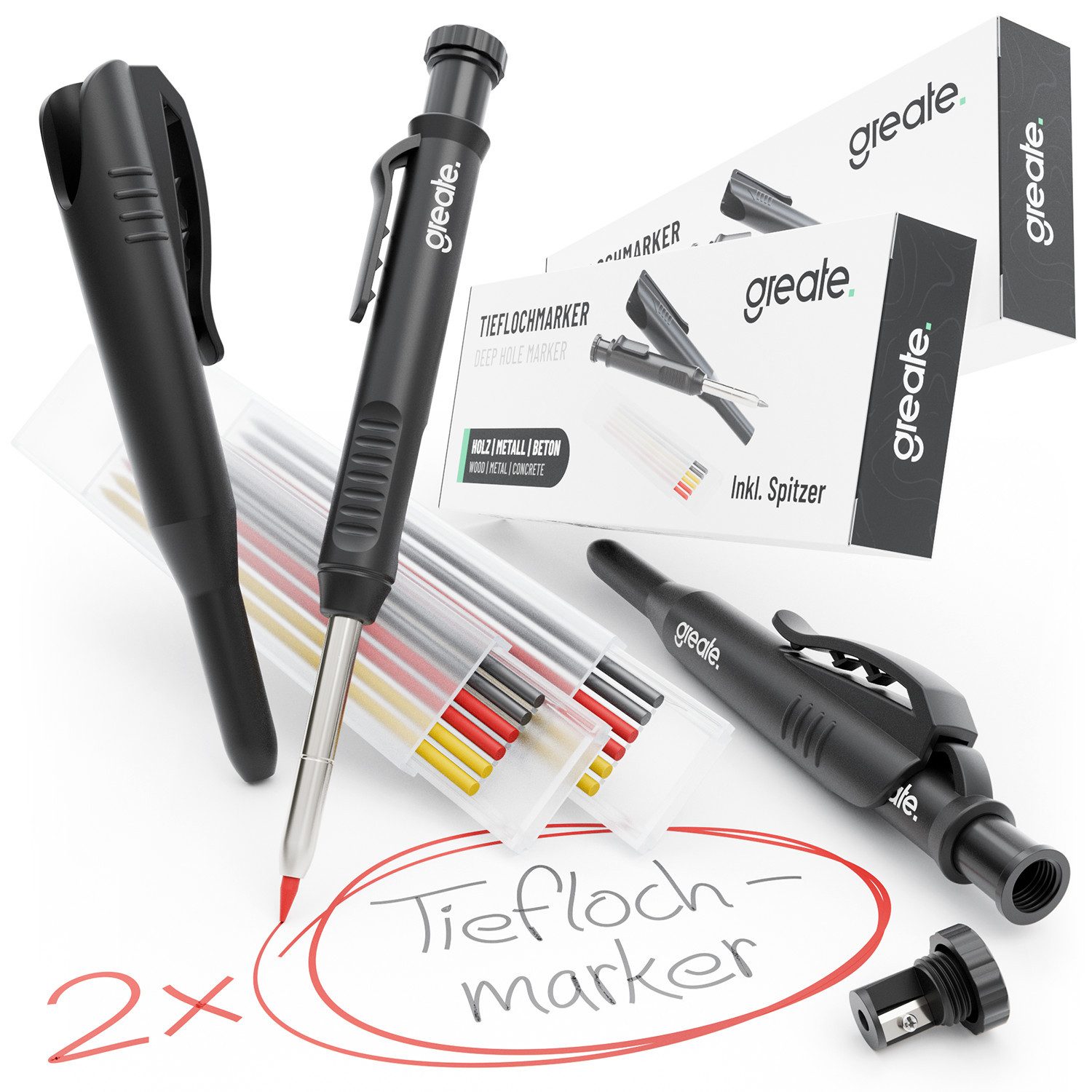 greate. Marker 2x Tieflochmarker Bleistift - Handwerker Bleistift Baustelle, (2-tlg), inklusive Spitzer