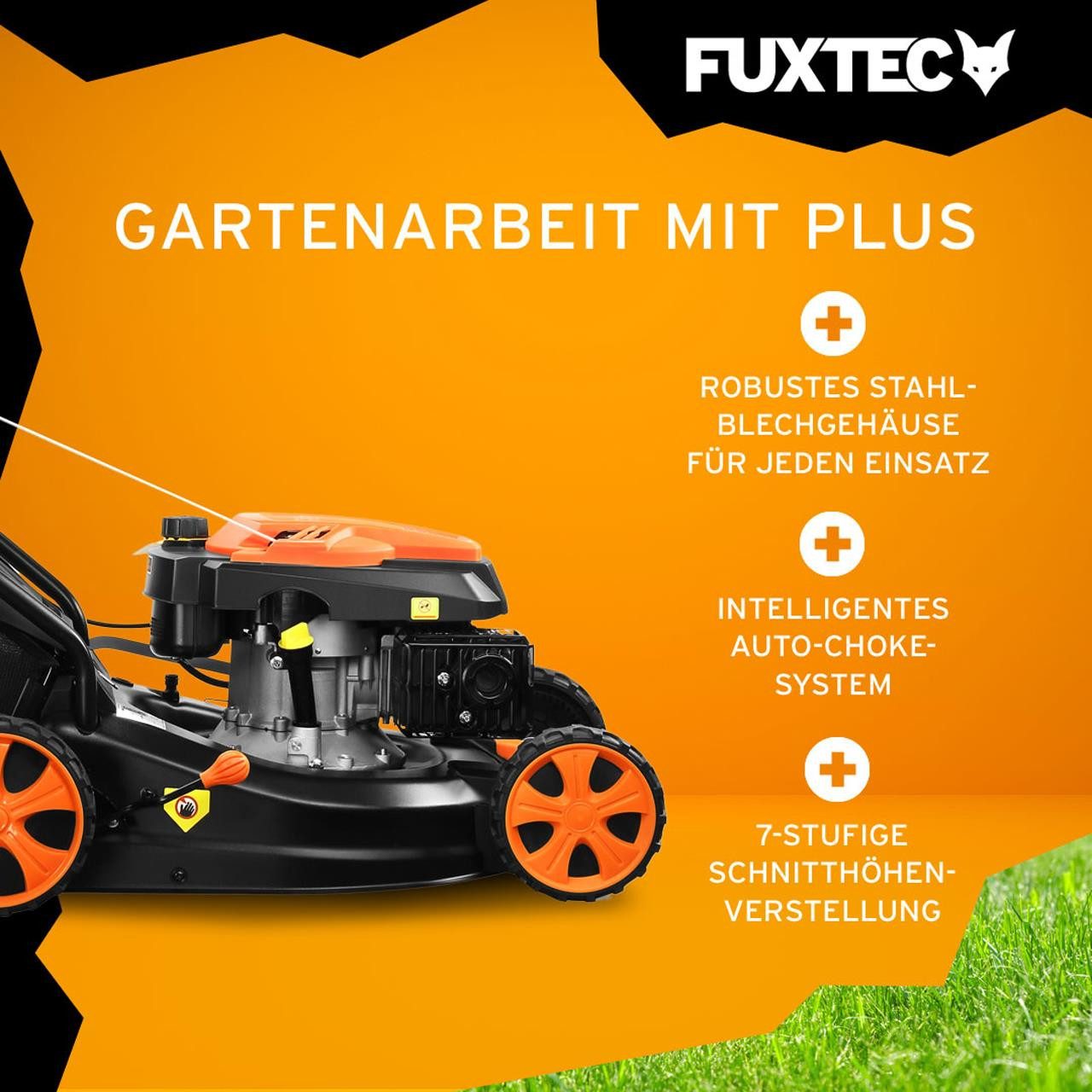 FUXTEC Benzinrasenmäher FX-RM4646ECO, 45,7 cm Schnittbreite, 46 cm Schnittbreite, 25-75mm Schnitthöhe, aerodynamischer Frontbumper
