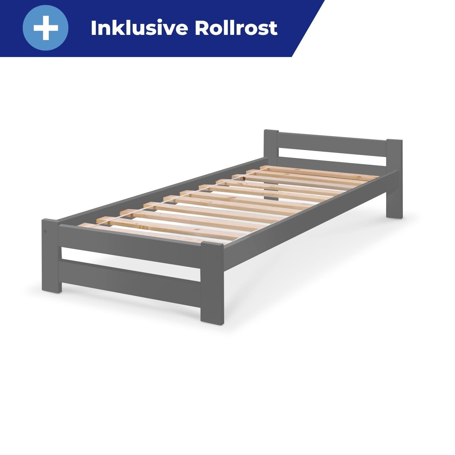Coemo Holzbett CLASSICO (Bettgestell mit Lattenrost), Anthrazit Holzbett Bettgestell mit Lattenrost Kiefer 90 x 200 cm