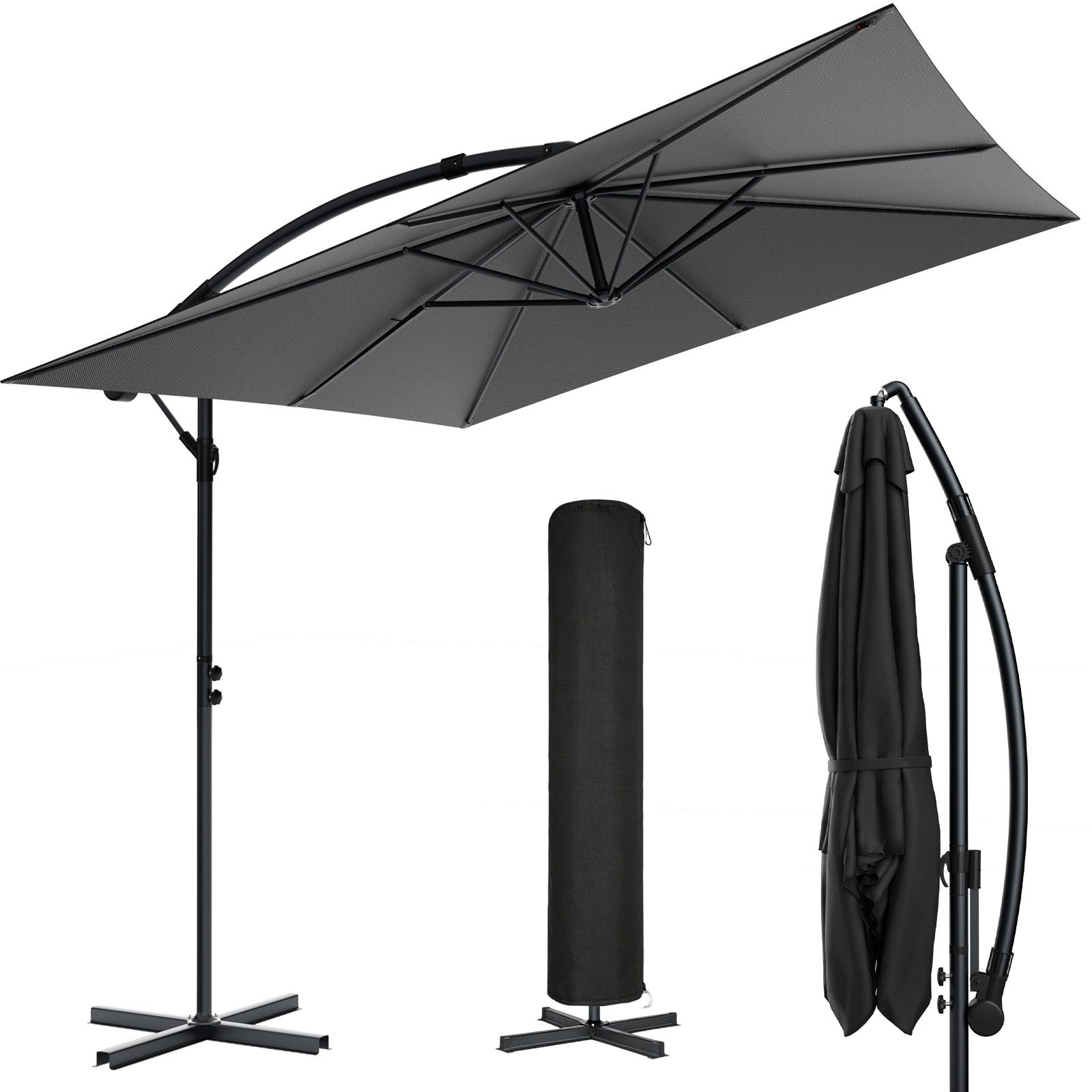 Huracan Sonnenschirm LED Solar Ø 250/300/350cm Ampelschirm mit Kurbel, Ständer, Gartenschirm Balkonschirm UV-Schutz Aluminium wasserdicht 360°neigbar