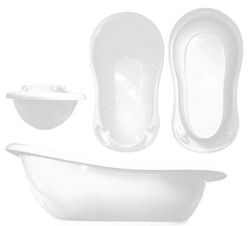 Maltex Babybadewanne 5 Teile SET Classic Weiß + Ständer Grau - Badeset Baby Wanne 84 cm, (Made in Europa), *WANNE + SITZ + TOPF + WC AUFSATZ + EIMER + GESTELL