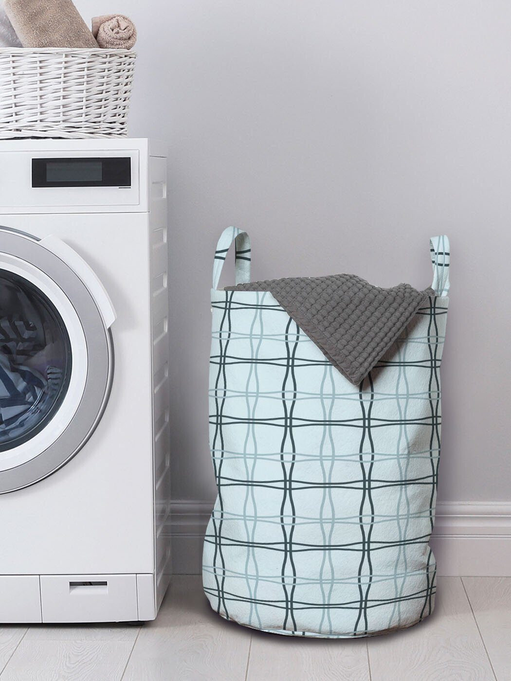 Wäschesäckchen Waschsalons, Blau Abakuhaus für Muster Kordelzugverschluss Wäschekorb Griffen Platz Linien gewellte mit