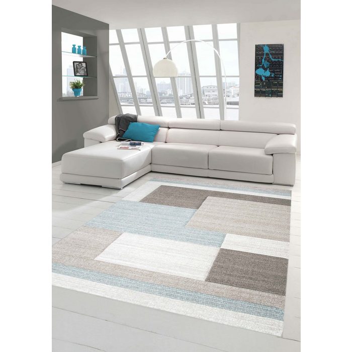Teppich Designer Teppich Moderner Teppich Wohnzimmer Teppich Kurzflor Teppich mit Konturenschnitt Karo Muster Pastellfarben Blau Creme Beige Teppich-Traum rechteckig Höhe: 13 mm