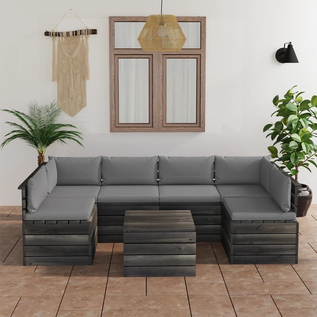 vidaXL Gartenlounge-Set 7-tlg. Garten-Sofagarnitur aus Paletten mit Kissen Kiefernholz, (7-tlg) Grau