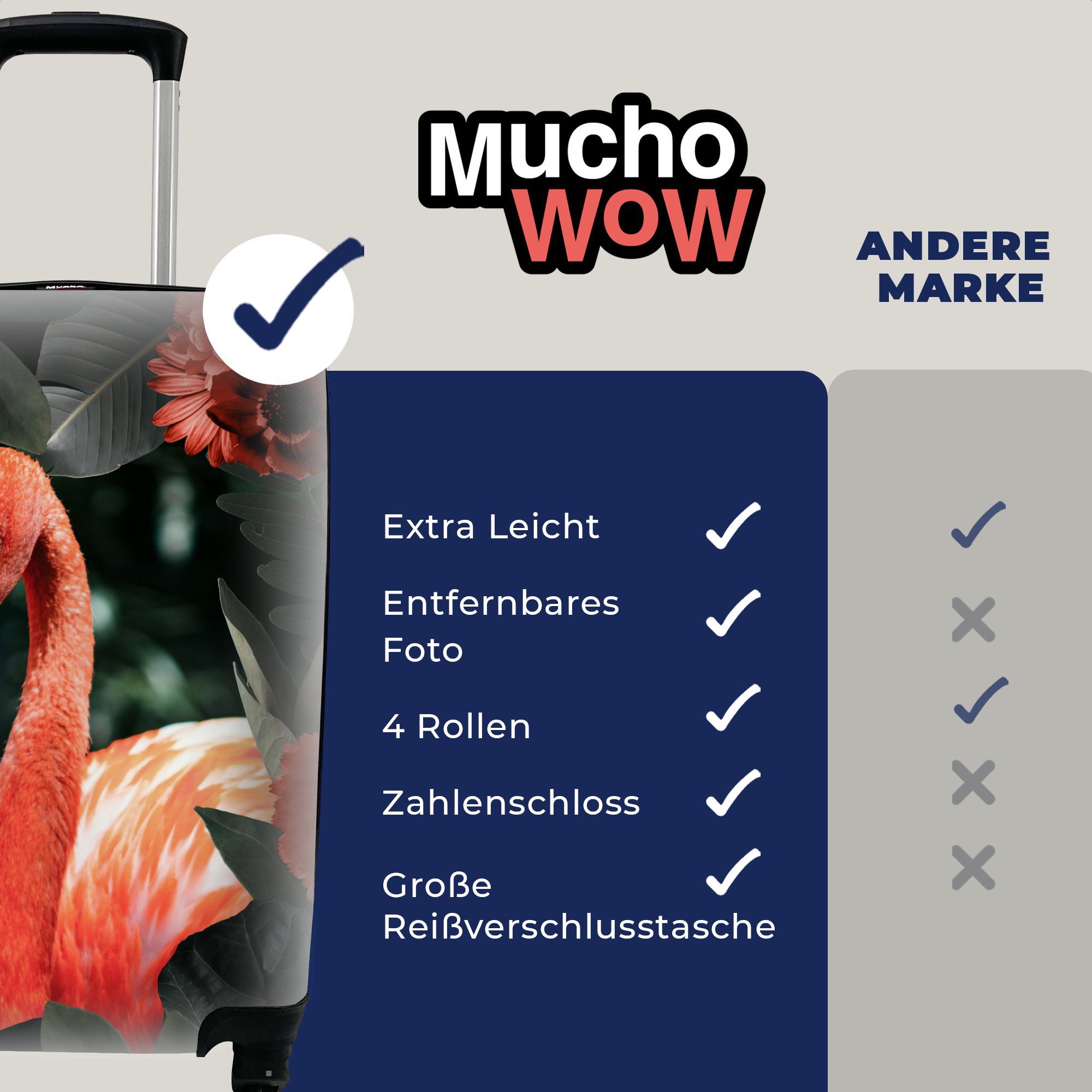 Handgepäckkoffer Trolley, für Rollen, Ferien, - Blume, Rot - rollen, 4 mit MuchoWow Reisekoffer Flamingo Reisetasche Handgepäck
