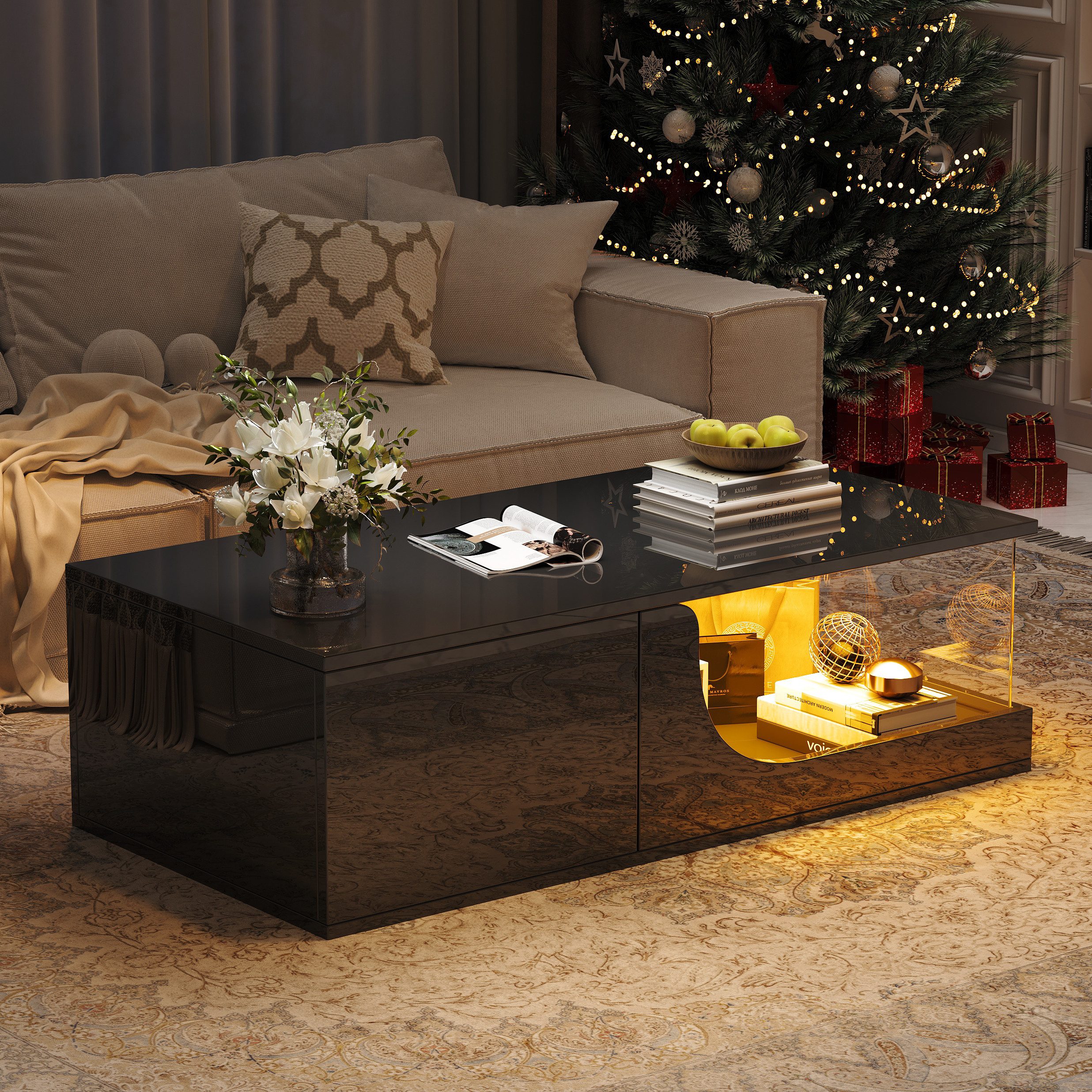 Merax Couchtisch Sofatisch Beistelltisch mit LED-Beleuchtung (1-St., 100*50*30 cm), Wohnzimmertisch mit 2 Schubladen,Hochglanz-Oberfläche, gehärtetem Glas