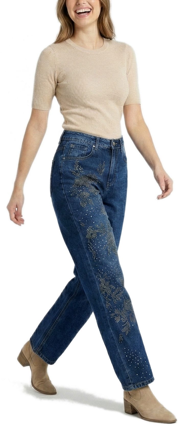 dy_mode Weite Jeans Damen Barrel-Jeans mit Glitzer-Verzierung Weit Bein Jeans Wide Leg, Barrel Schnitt, mit Glitzer-Verzierung