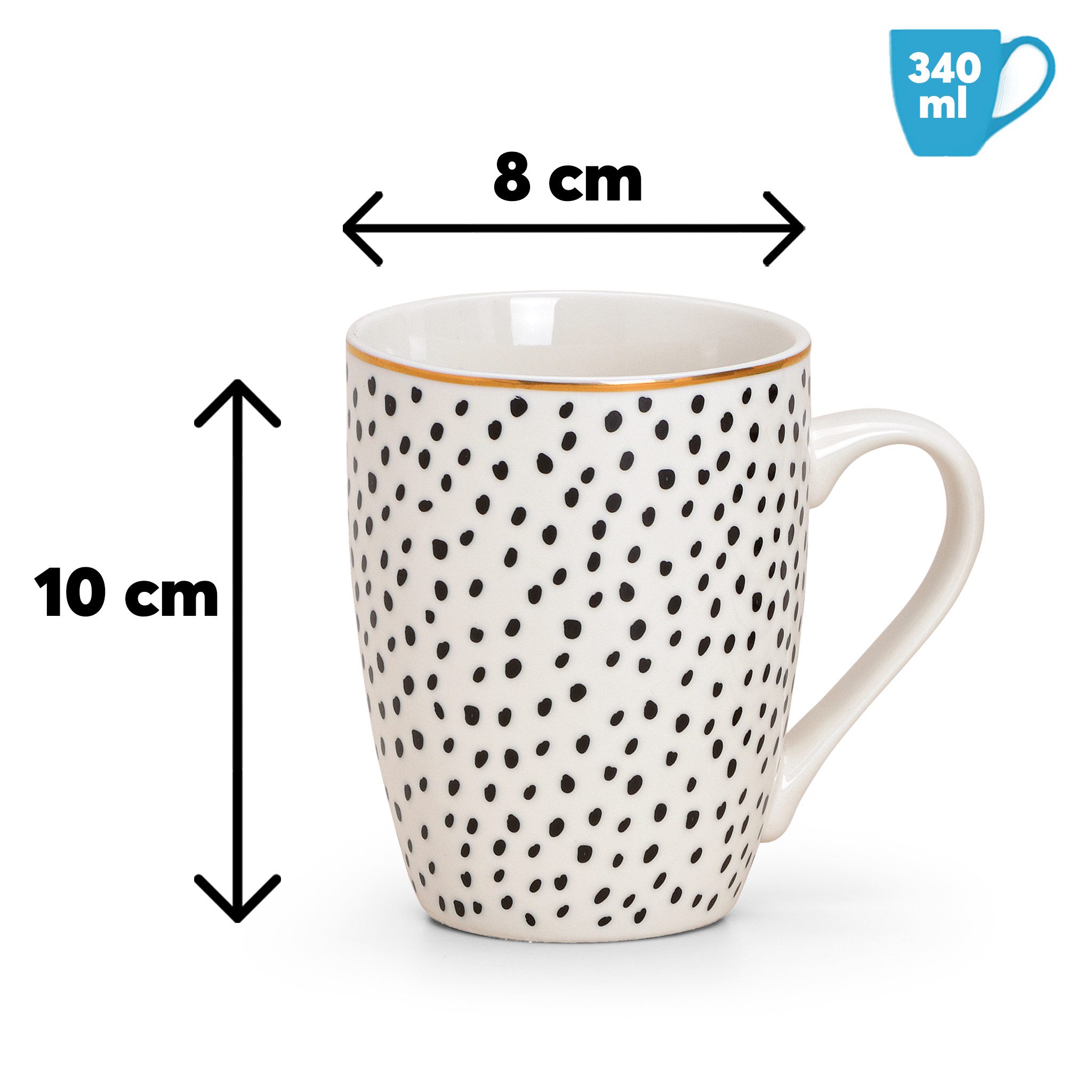 matches21 HOME & HOBBY Tasse Kaffeetassen 4er Set Streifen & Punkte Goldrand gestreift, 4-tlg., Porzellan, Tee Kaffee-Becher, modern, schwarz weiss gepunktet, 300 ml