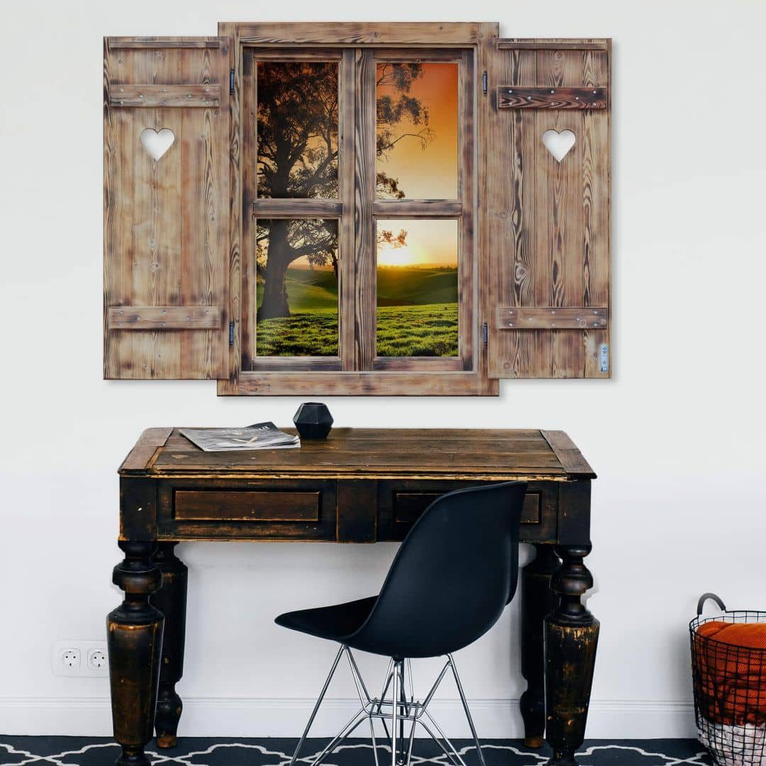 K&L Wall Art Wandtattoo 3D Wandtattoo Sonnenuntergang Aufkleber Vintage Holzoptik Landschaft, Holzfenster Wandbild selbstklebend