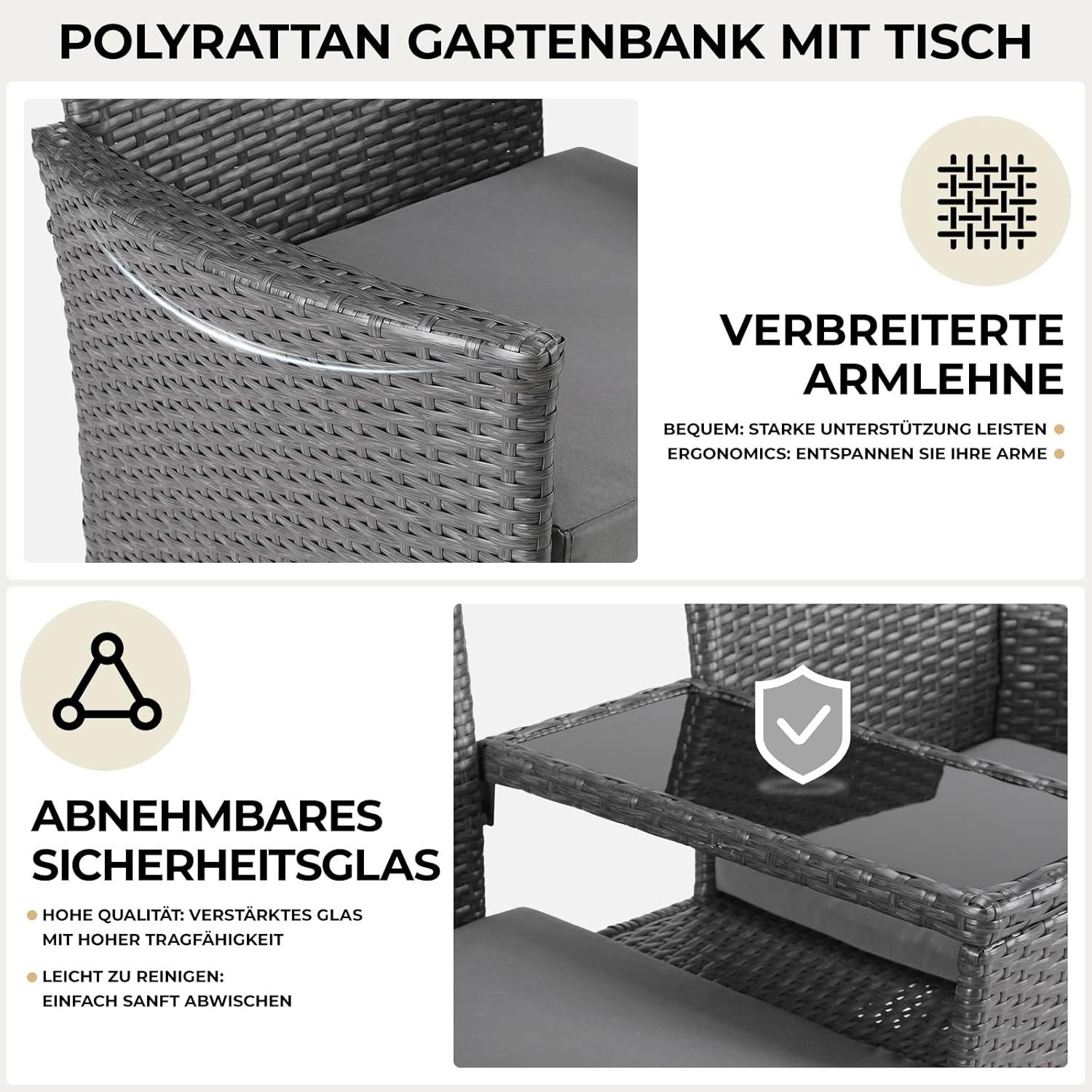 TLGREEN Balkonset Polyrattan Gartenbank 2er Set, (Wetterfest UV-beständig Rattan Sofa Outdoor, mit Tisch & Weichen Sitzkissen), Balkonmöbel für Kleinen Balkon/T – Bild 4 von 5