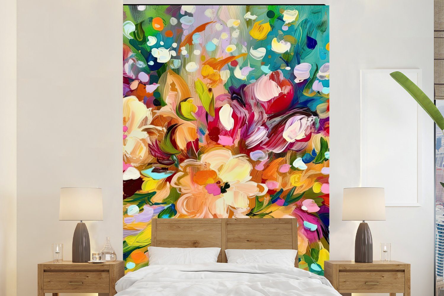 MuchoWow Fototapete Gemälde - Ölfarbe - Blumen - Regenbogen, Matt,  bedruckt, (3 St), Montagefertig Vinyl Tapete für Wohnzimmer, Wandtapete
