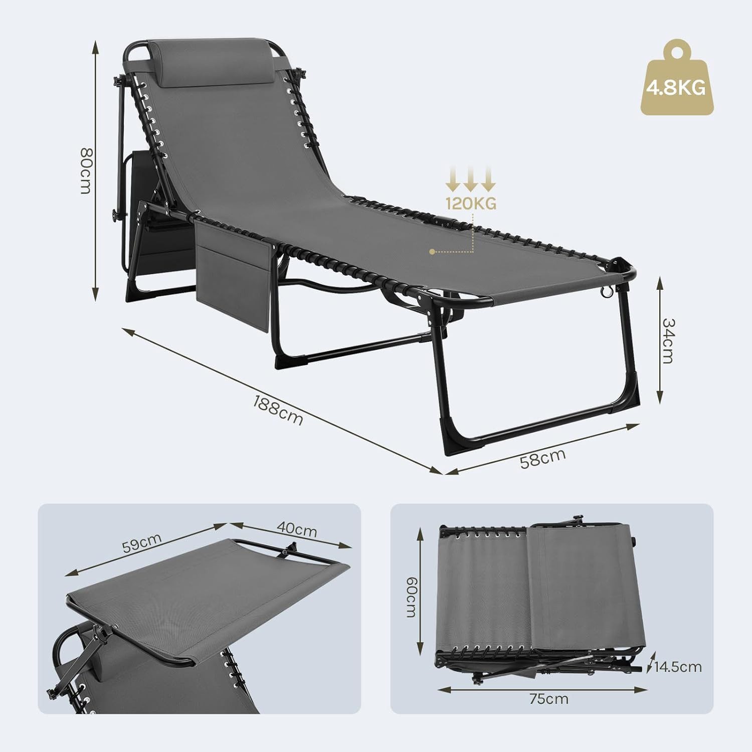 EUGAD Gartenstuhl (1 St), klappbar, mit Sonnenschutz, mit Kopfstütze, Verstellbarer Rückenlehne