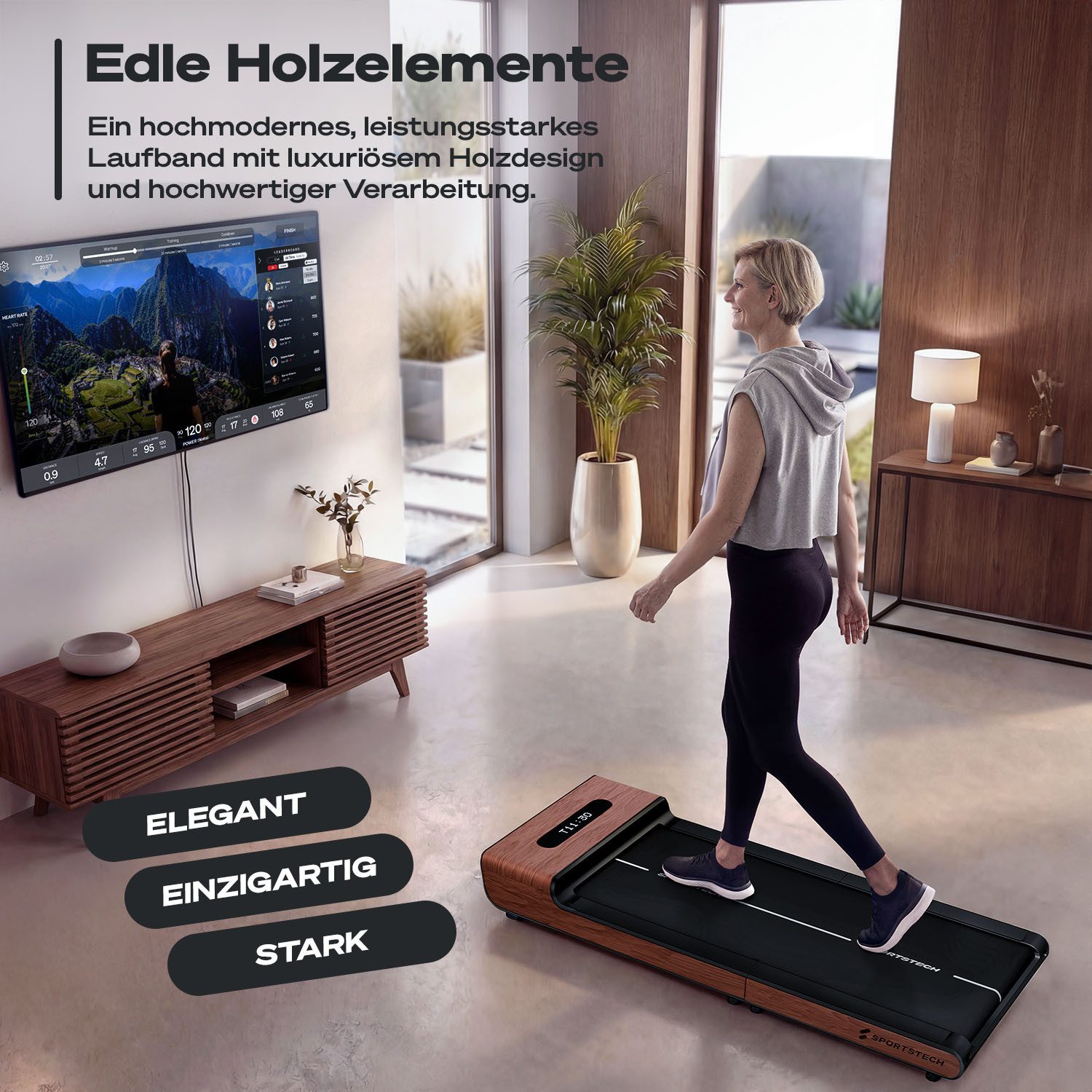Sportstech Laufband WoodPad Pro, Geschwindigkeit bis 8 km/h, klappbar, Echtholz, App kompatibel