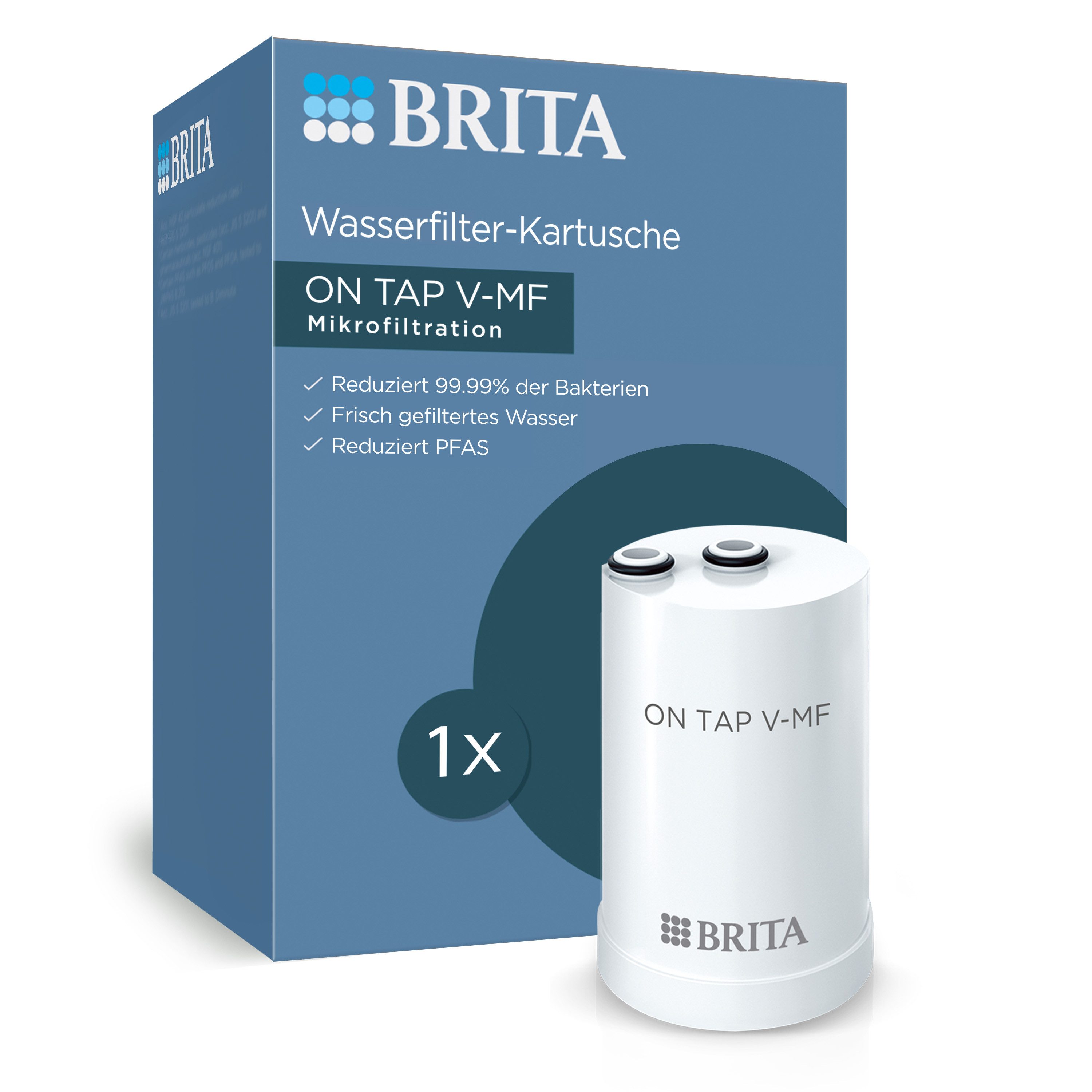 BRITA Wasserfilter ON TAP V-MF Wasserhahn-Filter für ON TAP & ON TAP Pro Systeme, Original Ersatzfilter reduziert 99,999 % Bakterien, PFAS, Chlor & mehr