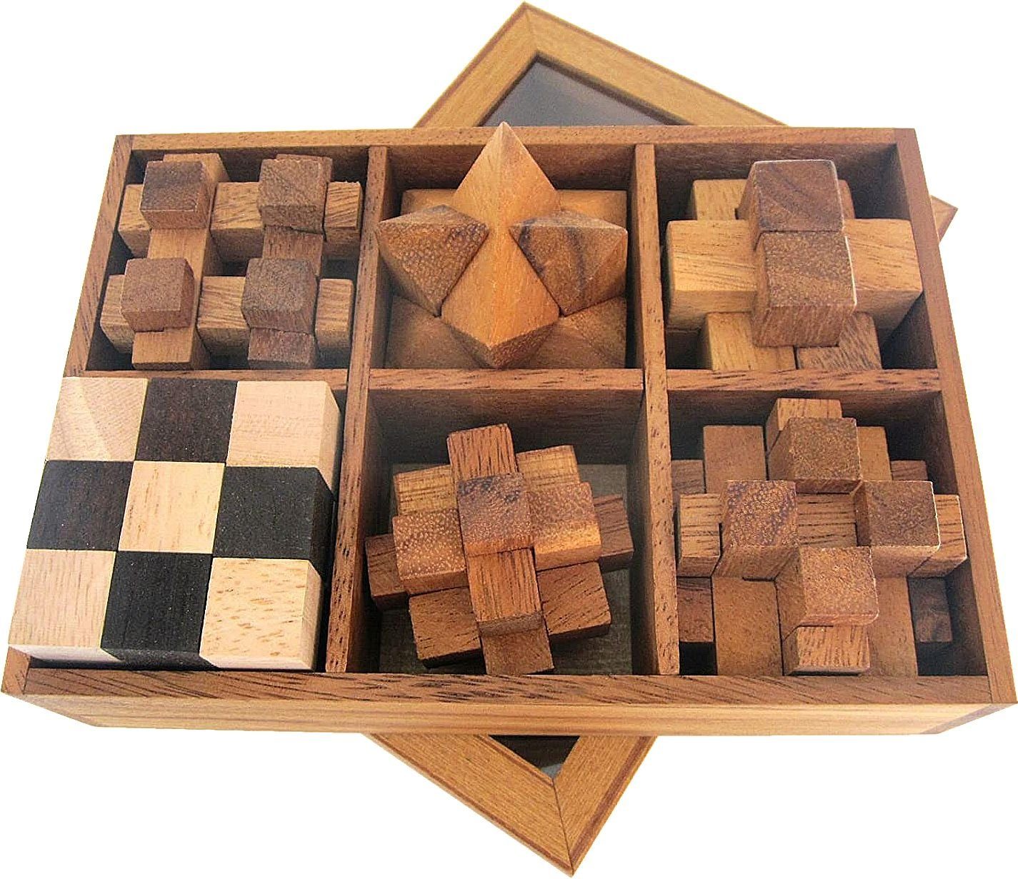 Logoplay Holzspiele Spiel, 6 Knobelspiele im Set in Geschenkbox aus Holz mit transparentem DeckelHolzspielzeug