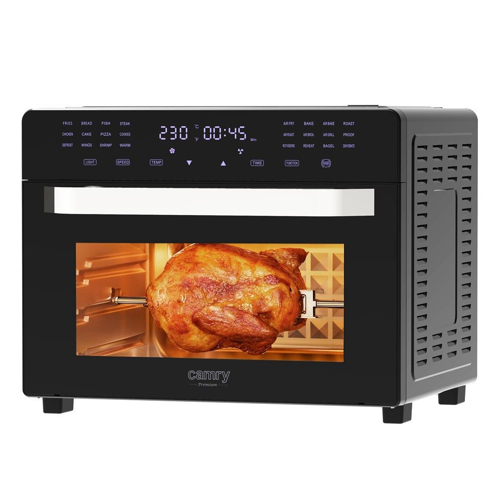 Camry Minibackofen CR 6323 Heißluftofen 30L, Air Fryer 10-in-1 Backofen mit Grill, Drehspieß, Umluft und 24 Programme, Schwarz