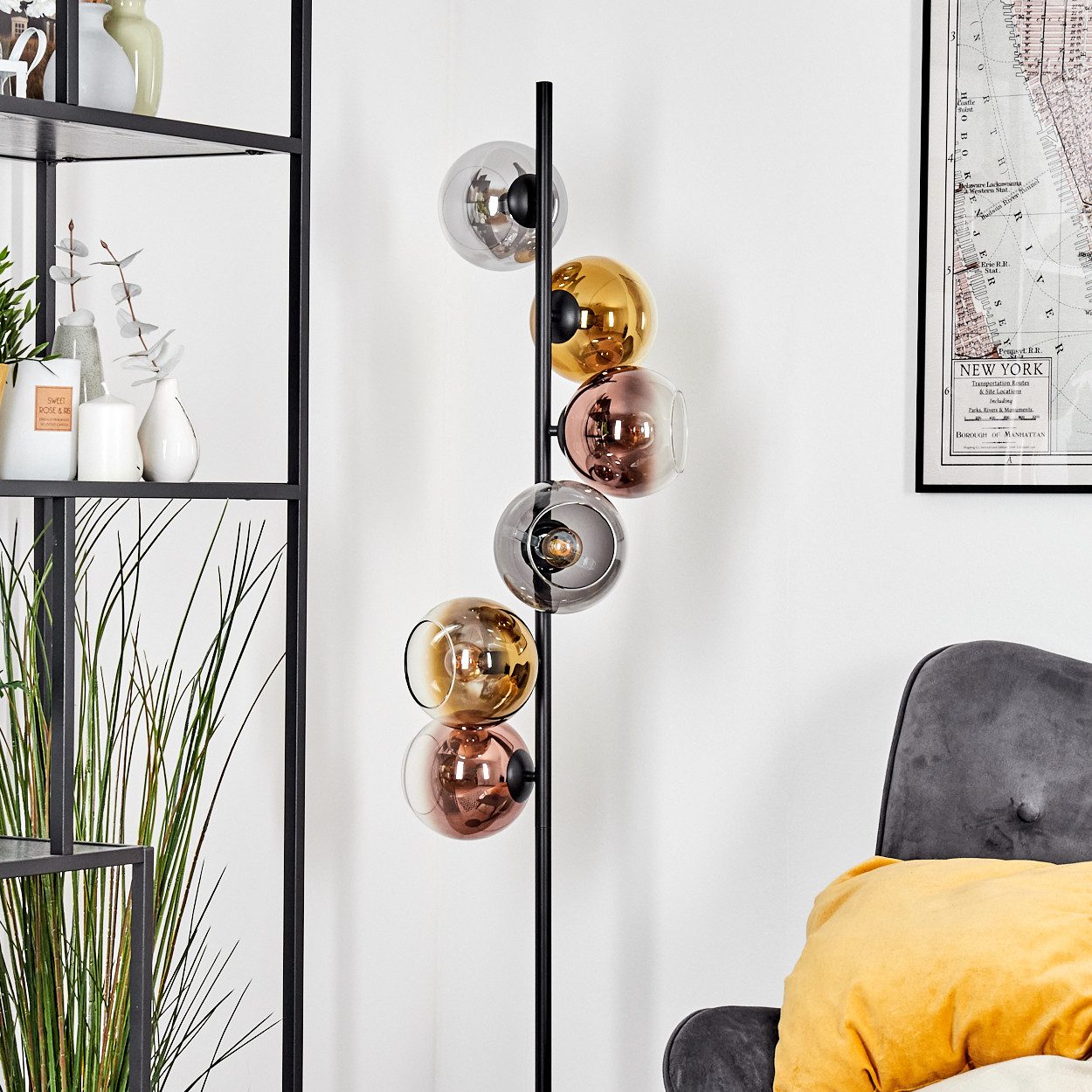 hofstein Stehlampe Stehlampe aus Metall/Glas in Schwarz/Gold/Kupfer/Rauch/Klar, ohne Leuchtmittel, Stehleuchte im Retro/Vintage-Design mit Fußschalter, 160 cm, E14