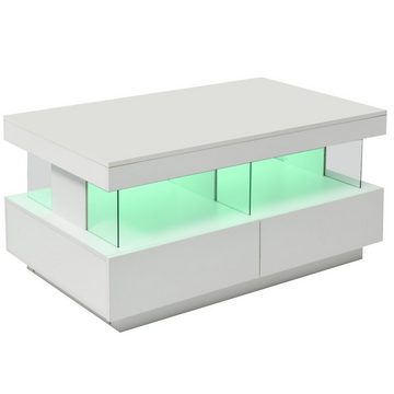 Merax Couchtisch mit LED-Beleuchtung und hochglänzender Tischplatte, Beistelltisch mit 2 Schubladen, Wohnzimmertisch mit Acyrltrennwände