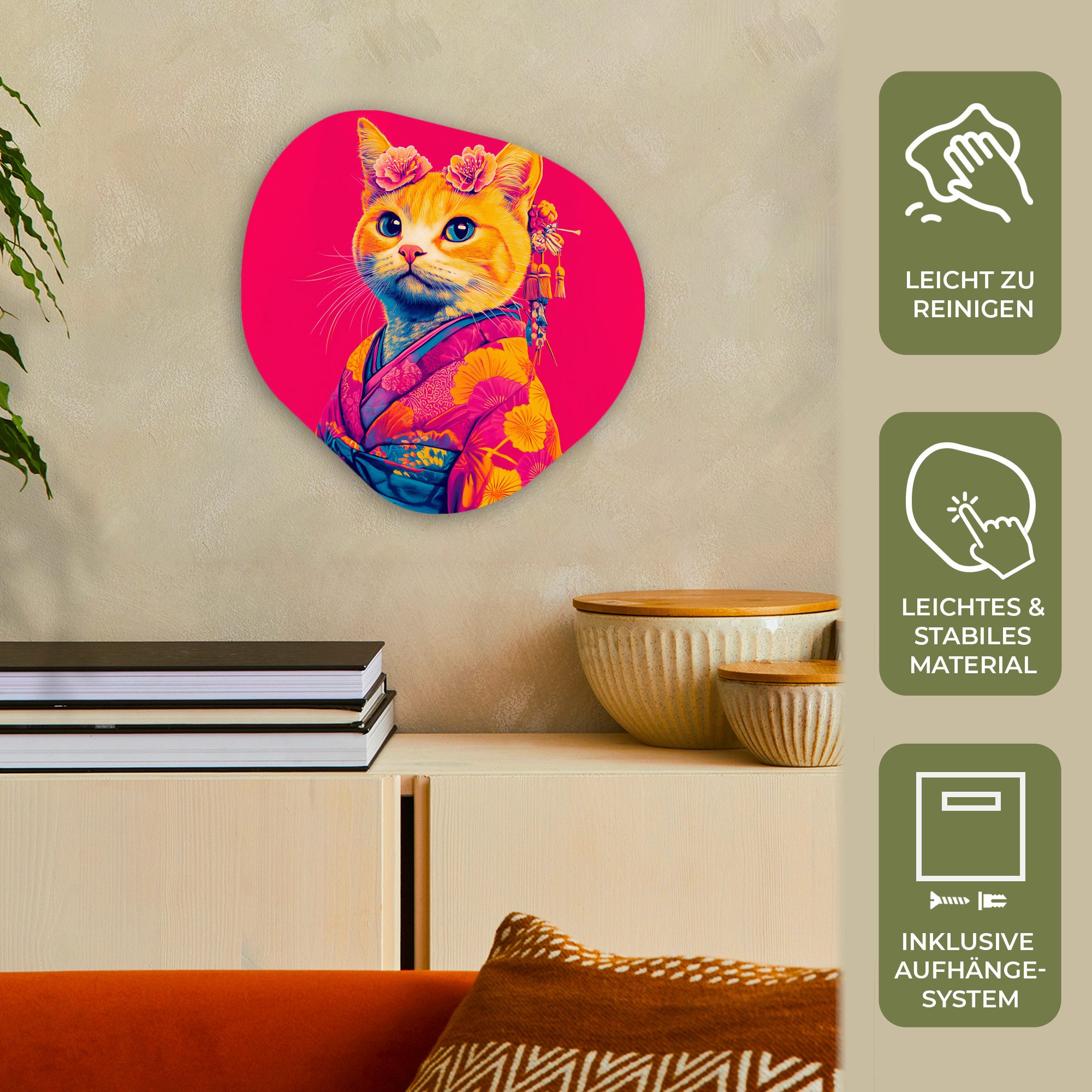 MuchoWow Gemälde Katze - Kimono - Blumen - Rosa, Fotodruck (1 St), Wandbild Abstrakt, Wohnzimmer Schlafzimmer Wanddekoration, 40x40 cm