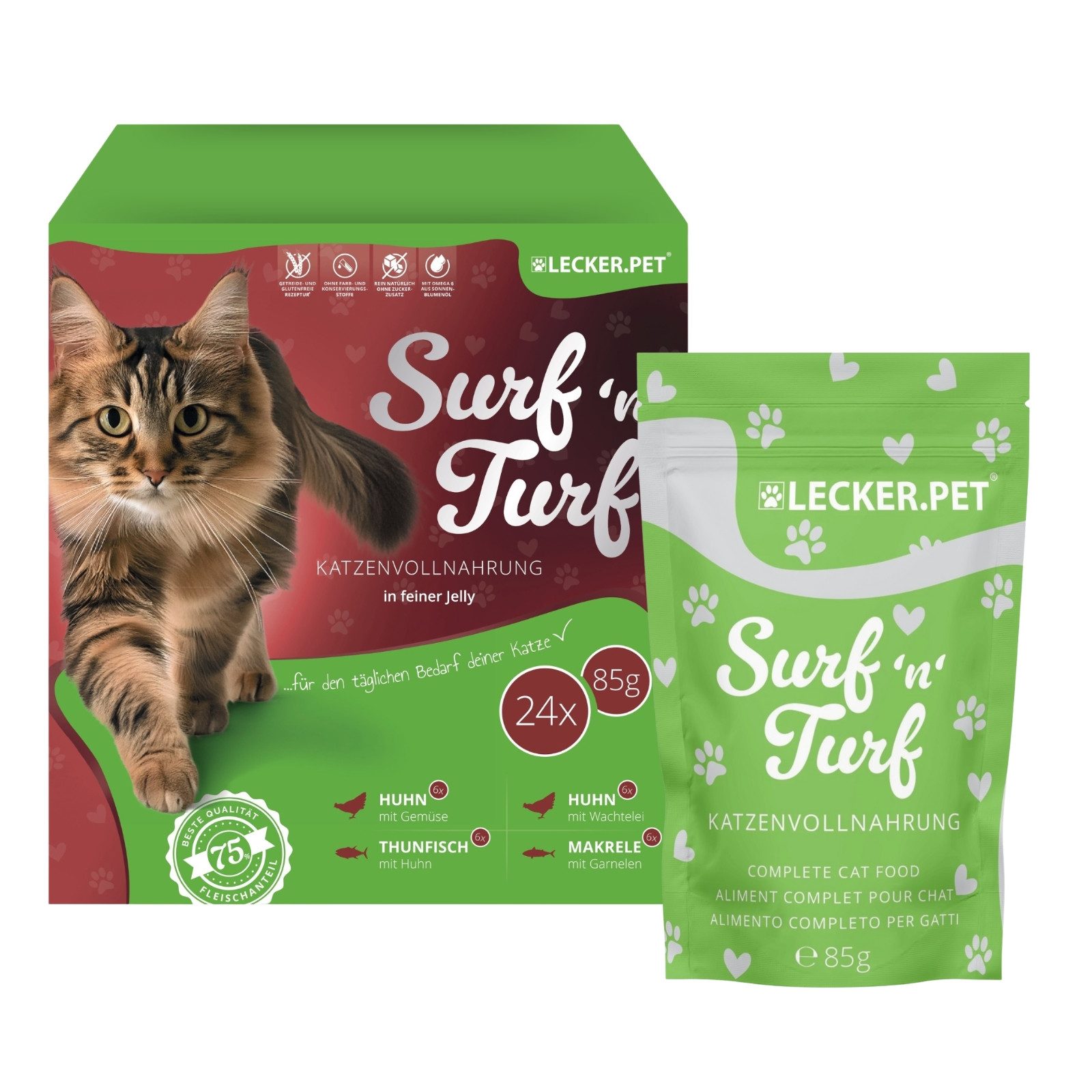 Lecker.Pet 24 x 85 g Lecker.Pet® Surf'n'Turf Pouches Katzenfutter in feiner Jelly Fisch, Nassfutter für: Katze