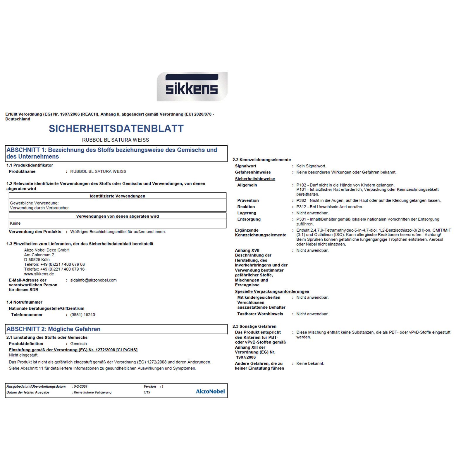 Sikkens Tür- und Fensterlack RUBBOL BL SATURA - 1 LTR (WEISS)