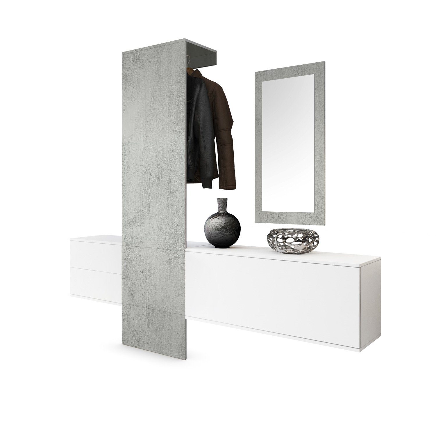 Vladon Garderoben-Set Carlton Set 1, (Wandgarderobe bestehend aus, 1 Paneel, 1 Schubkastenschrank, 1 Schrankmodul und 1 Spiegel), Weiß matt/Beton Oxid Optik (208 x 193 x 35 cm)