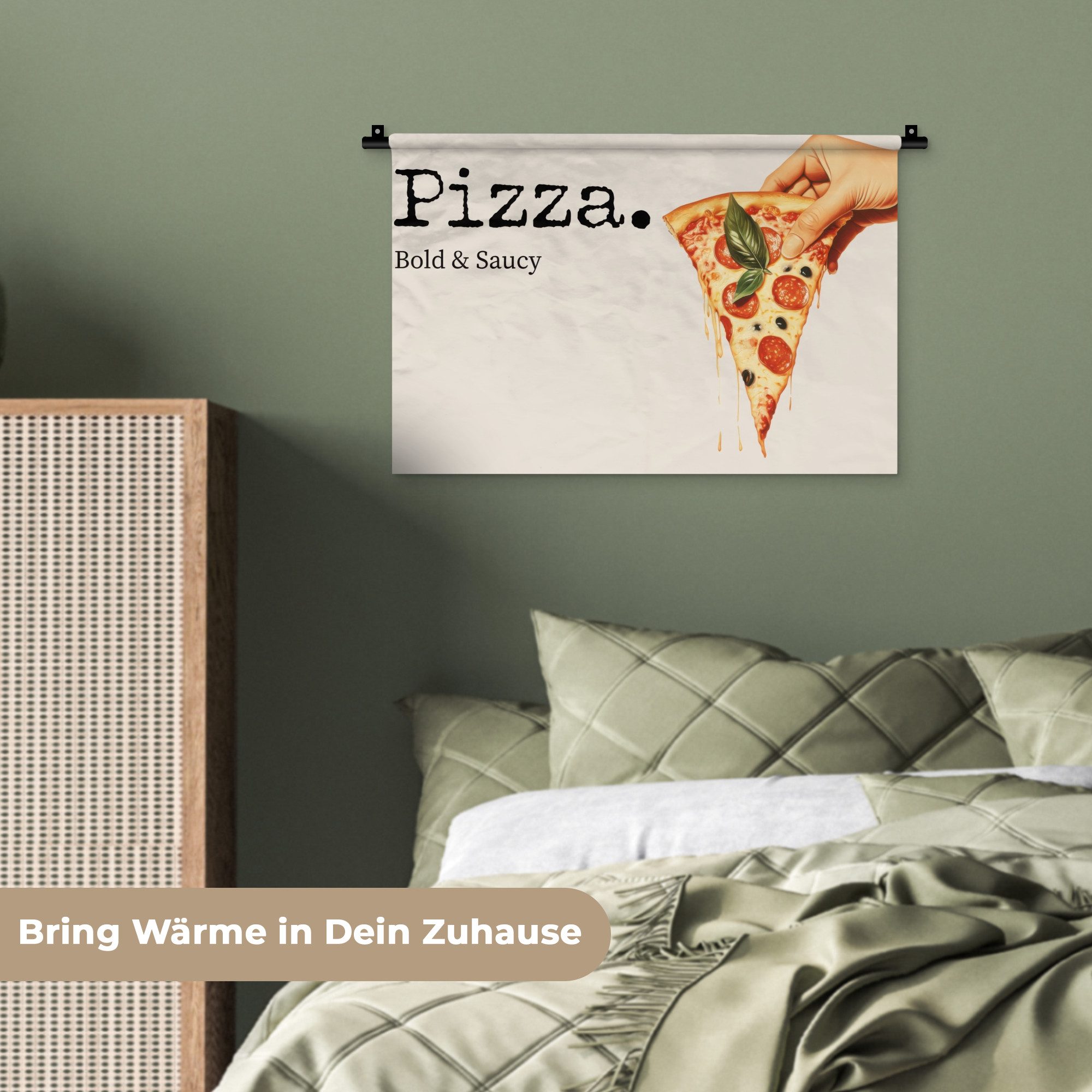 MuchoWow Wandteppich Pizza - Käse - Peperoni, Rechteckig, Höhe: 3 mm, Wandteppich für Wohnzimmer, Schlafzimmer, 60x40 cm