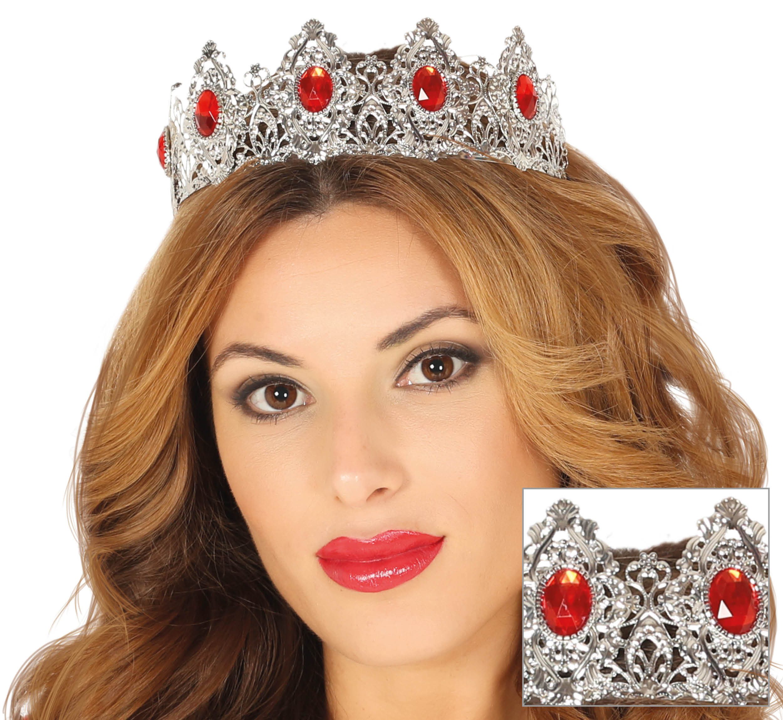 Fiestas Guirca Kostüm, Prinzessin Diadem Krone Silber Rot Edelsteine Mittelalter Karneval Kos