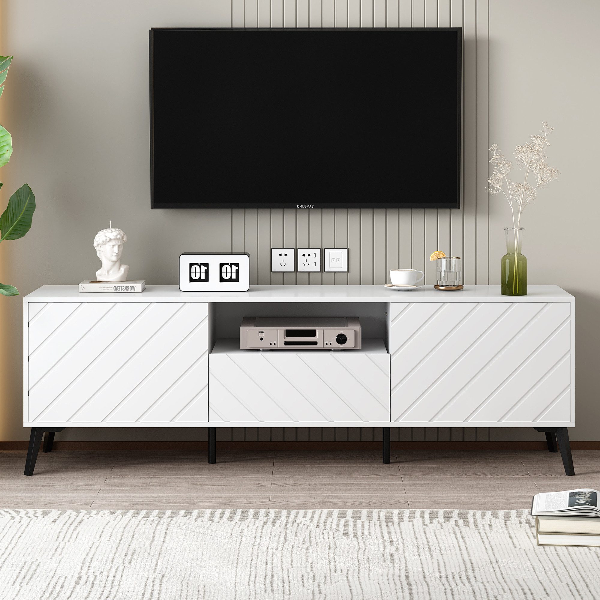 XDeer TV-Schrank 1,7 Meter langer weißer TV-Ständer mit 2 Türen und 1 Schubladen TV Kabinett mit Multifunktionaler Stauraum Stabile Standfüße