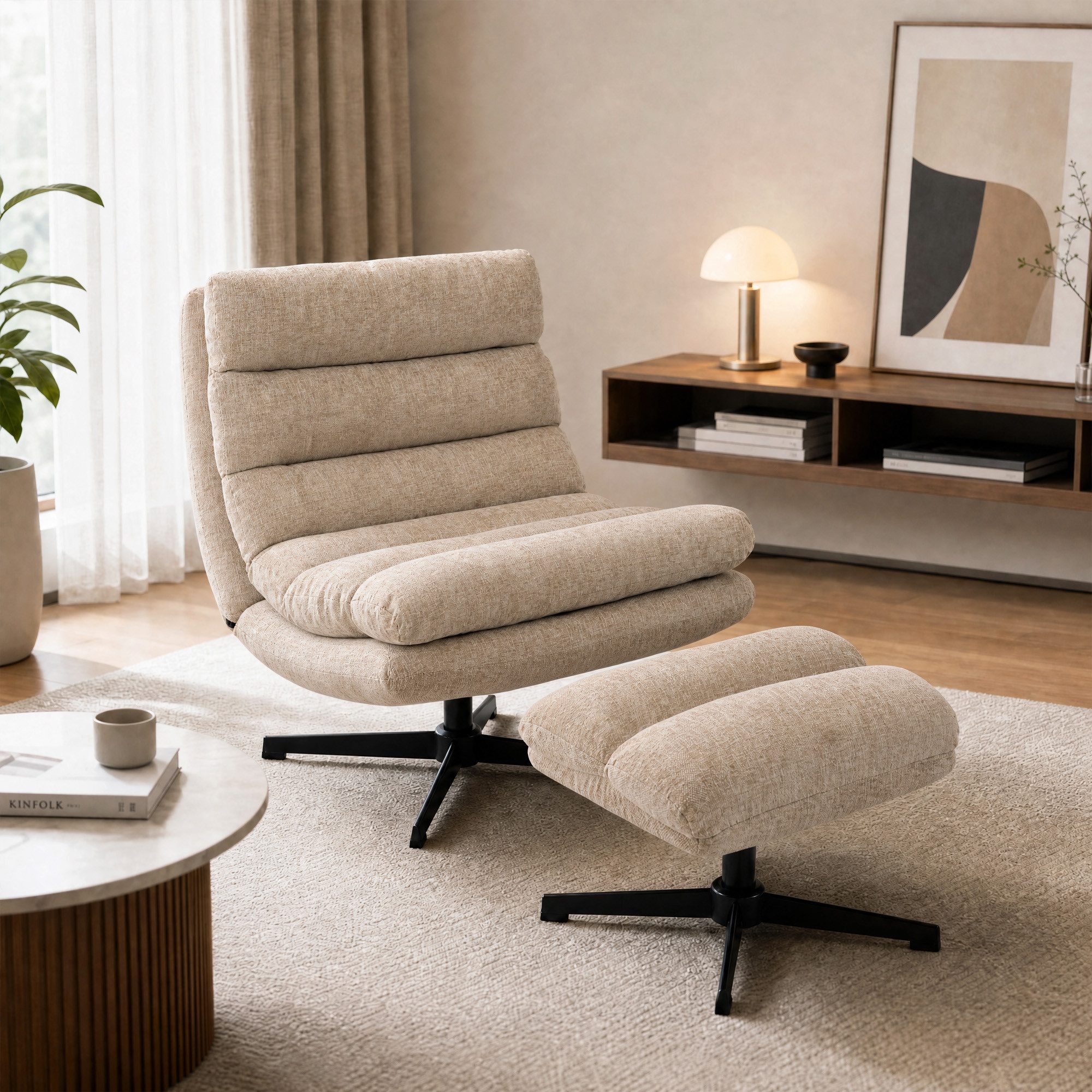 HOMCOM Relaxsessel Loungesessel mit Chenille-Optik, Stahlgestell, breite Sitzfläche (Drehsessel, 1-St., bestehend aus Sessel und Hocker), 360° drehbar, Hocker höhenverstellbar