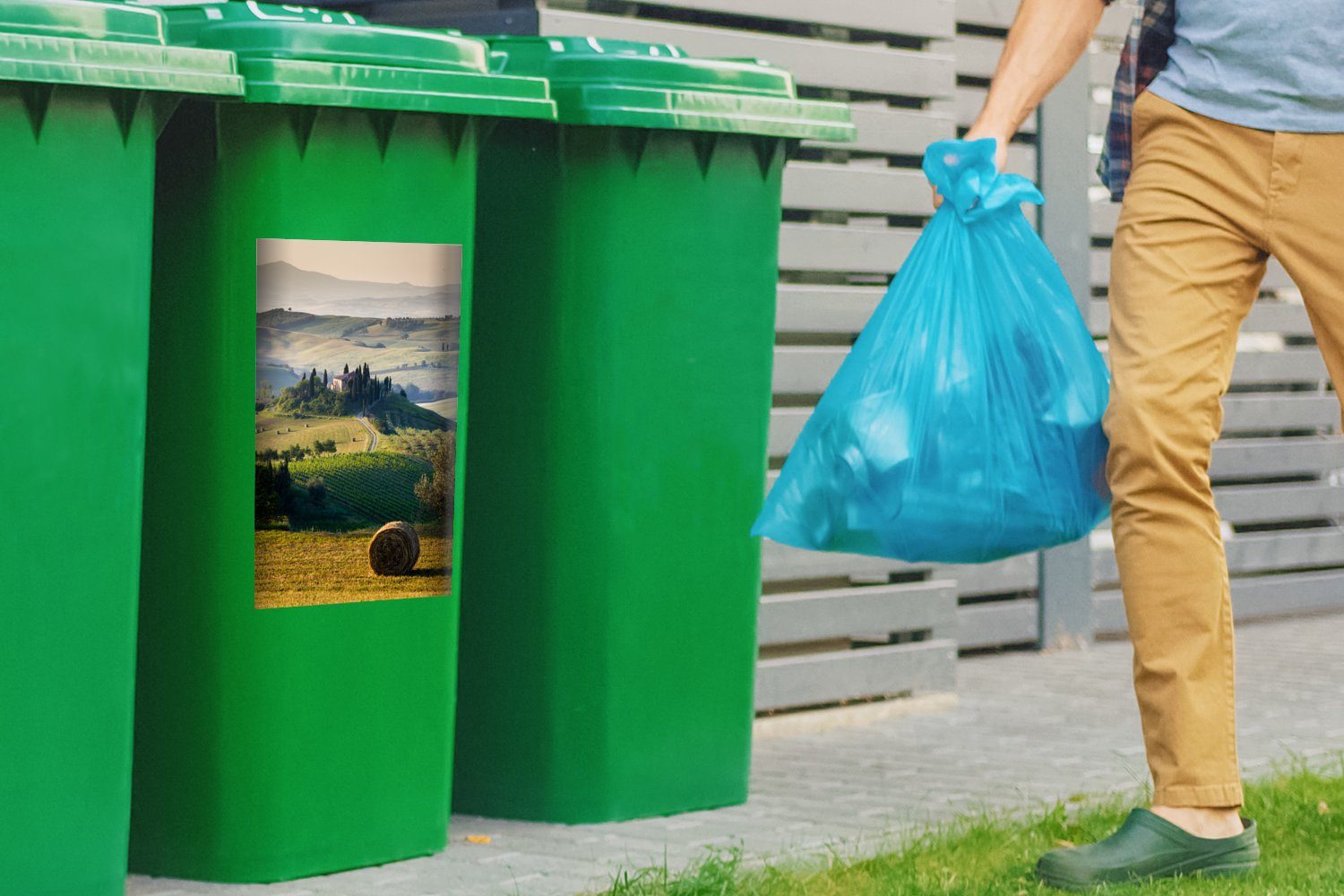 (1 Abfalbehälter Mülltonne, St), Container, Wandsticker - Toskana Sticker, Grün Mülleimer-aufkleber, MuchoWow - Landschaft
