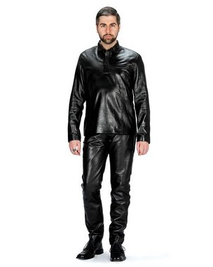 Fetish-Design Langarm-Poloshirt Leder Poloshirt Oliver Schwarz Echtes Nappa Leder Herren Hemd langer Arm Langarm