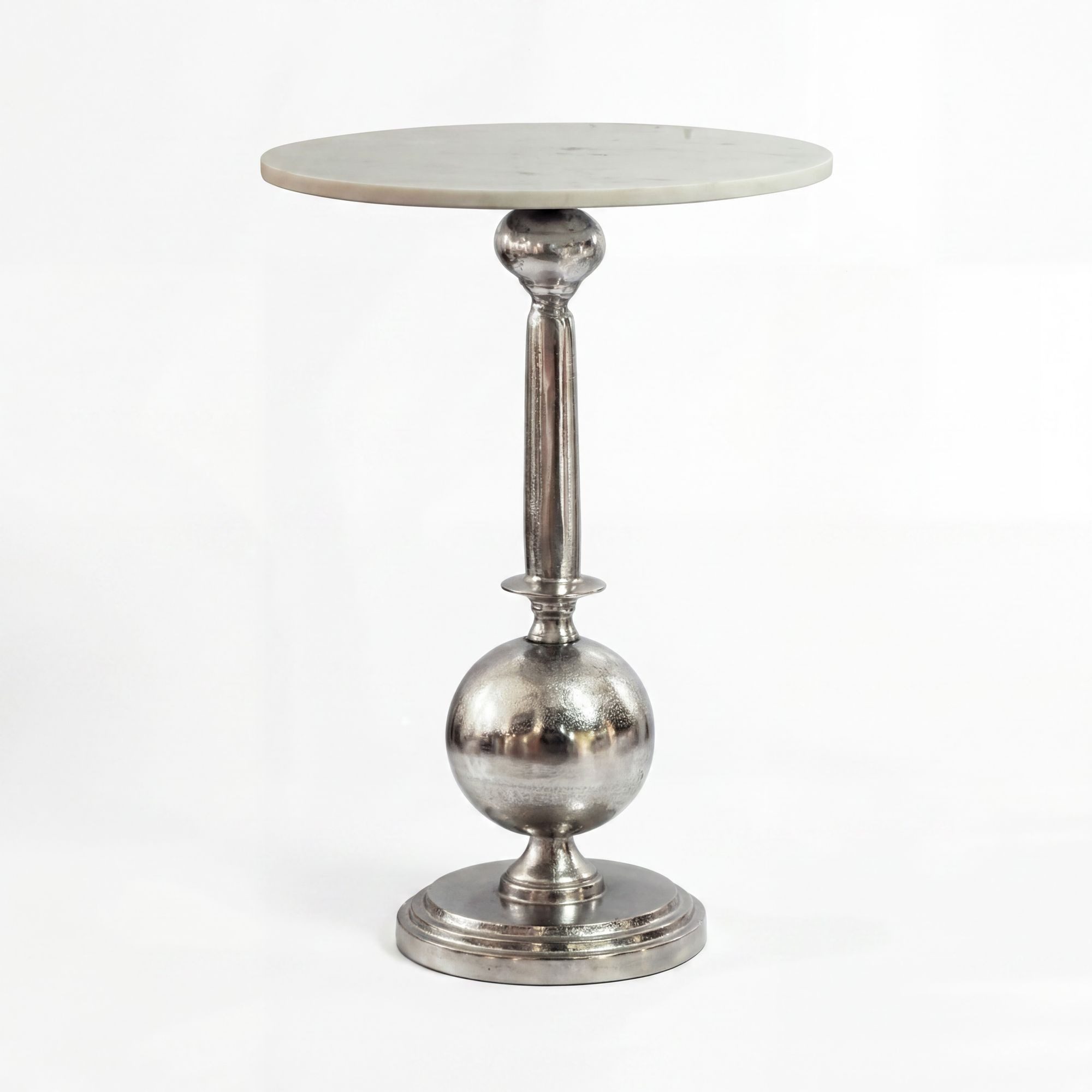 Wohnling Beistelltisch WL7.713 Couchtisch Rund 40x40cm Silber Sofatisch Wohnzimmertisch Alu (Eleganter Tisch mit kunstvoll geformtem Standfuß), Glatte Marmorplatte auf silbernem Aluminium