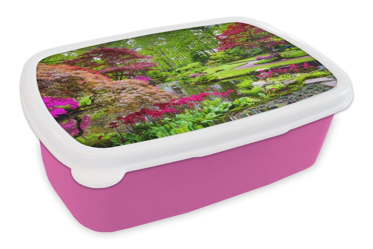 MuchoWow Kunststoff, Erwachsene, Kunststoff Lunchbox rosa Japanisch Snackbox, Wasser, Brotdose Brotbox Bäume - Kinder, Natur - für - (2-tlg), - Blumen Mädchen,