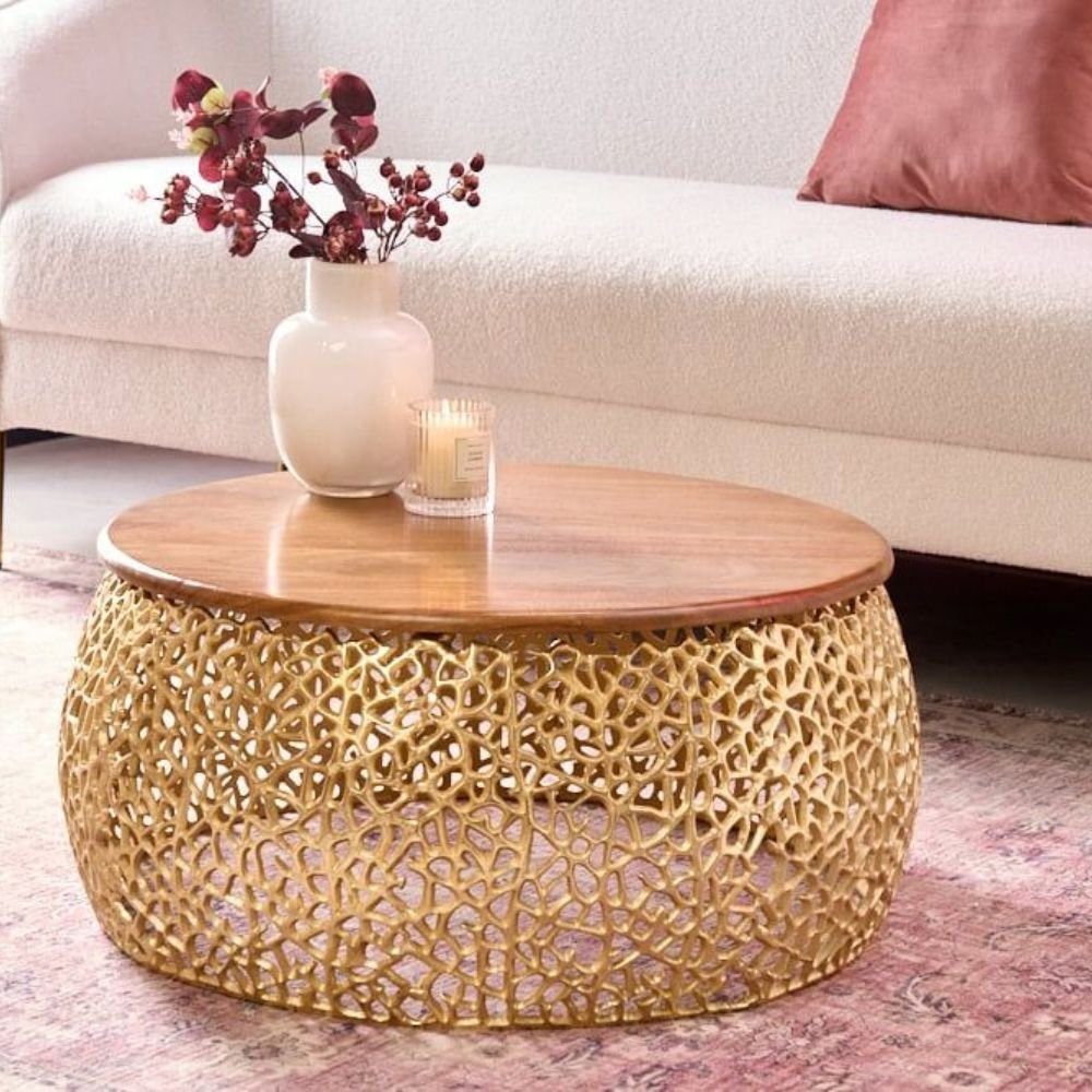 LebensWohnArt Couchtisch Extravaganter Couchtisch RIXOS ca.73cm gold Metall Akazie