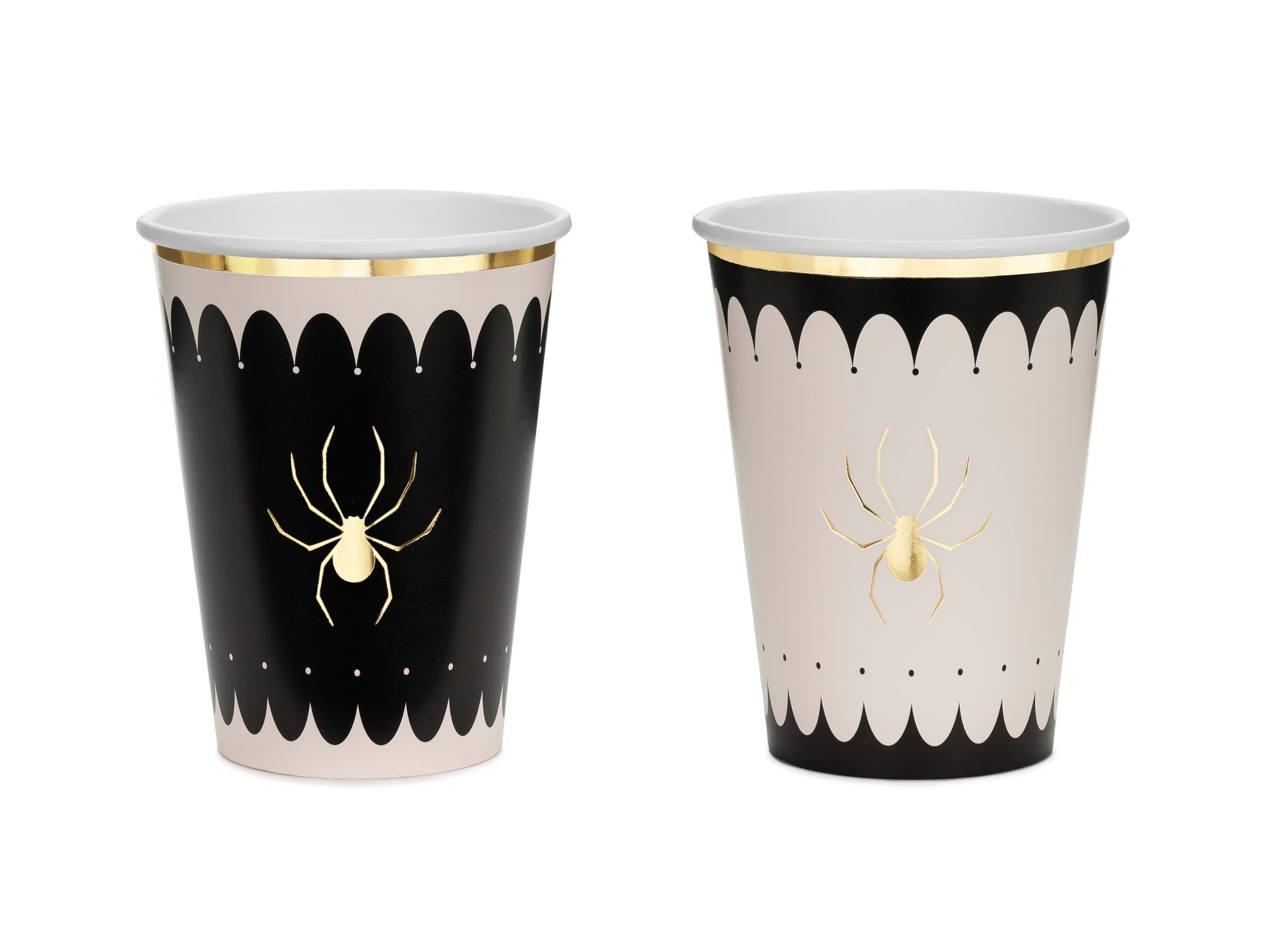 partydeco Becher, Papier, Pappbecher 400ml mit Spinne und Goldrand 6er Set Schwarz Ivory Gold
