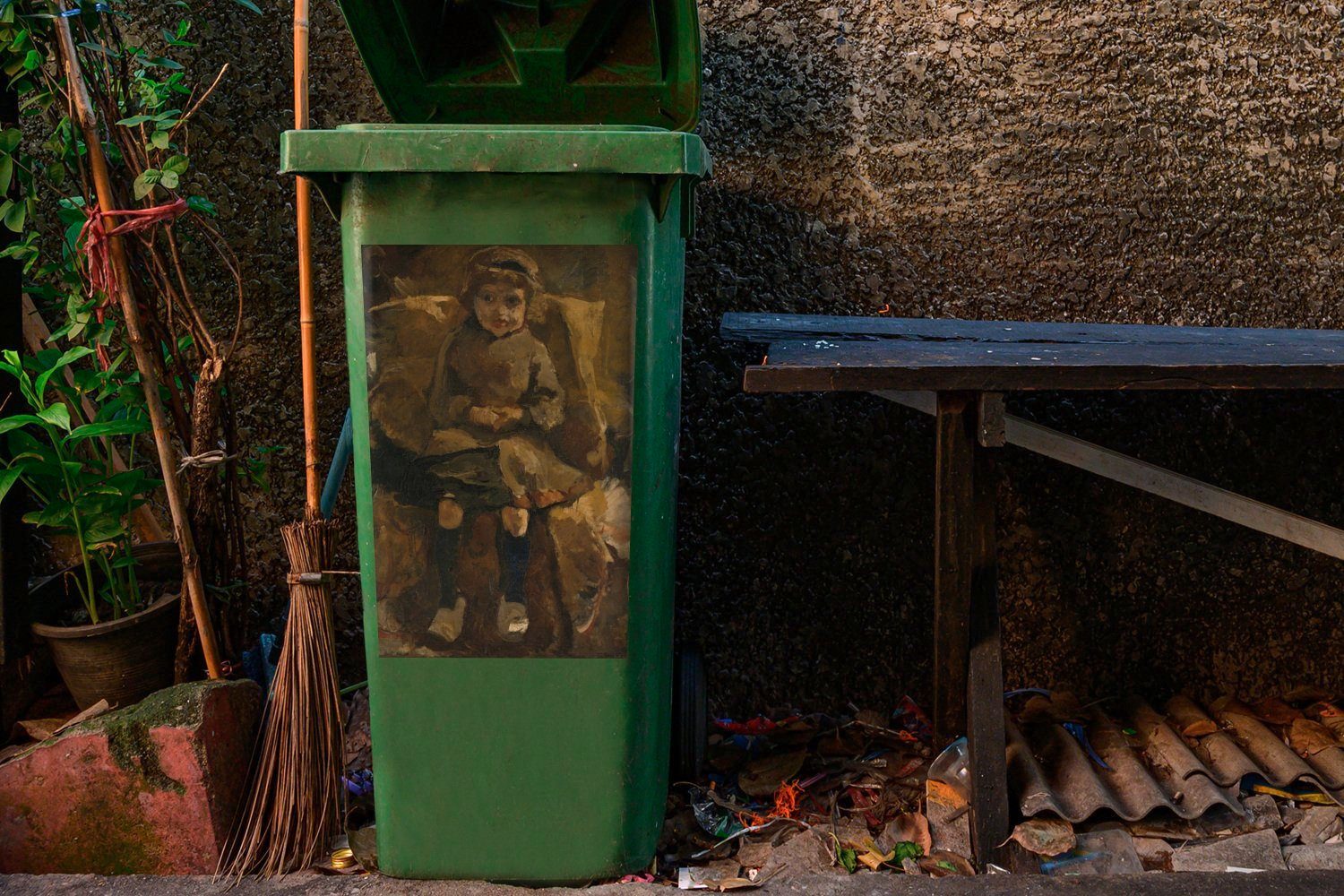 Abfalbehälter Mülltonne, George Sticker, Wandsticker MuchoWow St), Die - Gemälde Container, Holzschuhe Mülleimer-aufkleber, Hendrik von (1 Breitner