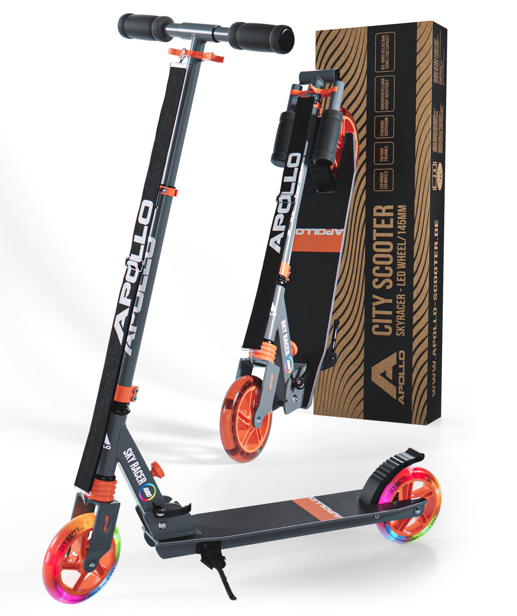 Apollo Cityroller Skyracer LED City Scooter Kinder, Tretroller mit Federung, klappbarer Kinderroller, höhenverstellbar