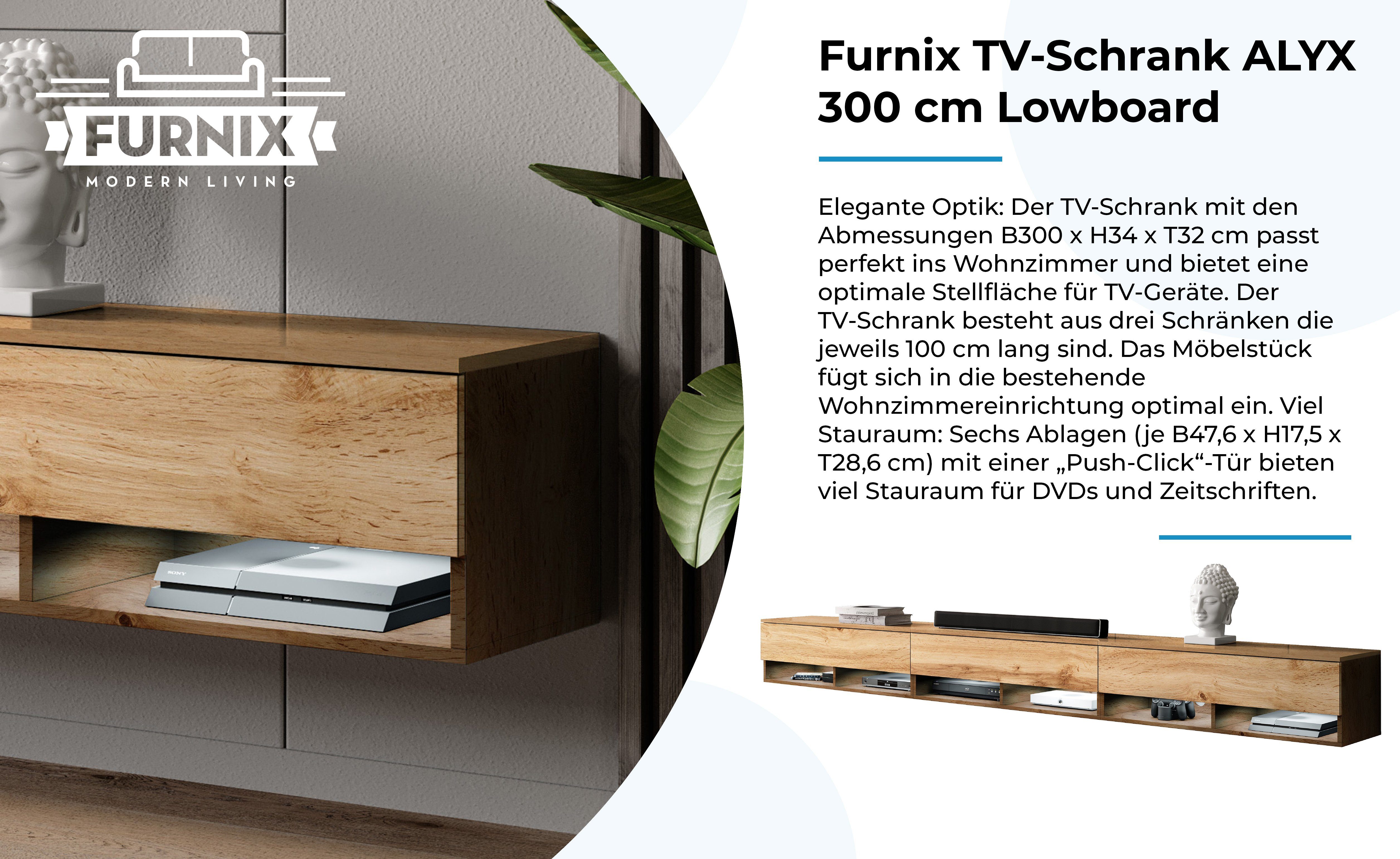 ohne B300 TV-Kommode Furnix mit 300 H34 x LED cm Lowboard ALYX Wotan/Wotan 3 Türen TV-Schrank x T32 cm