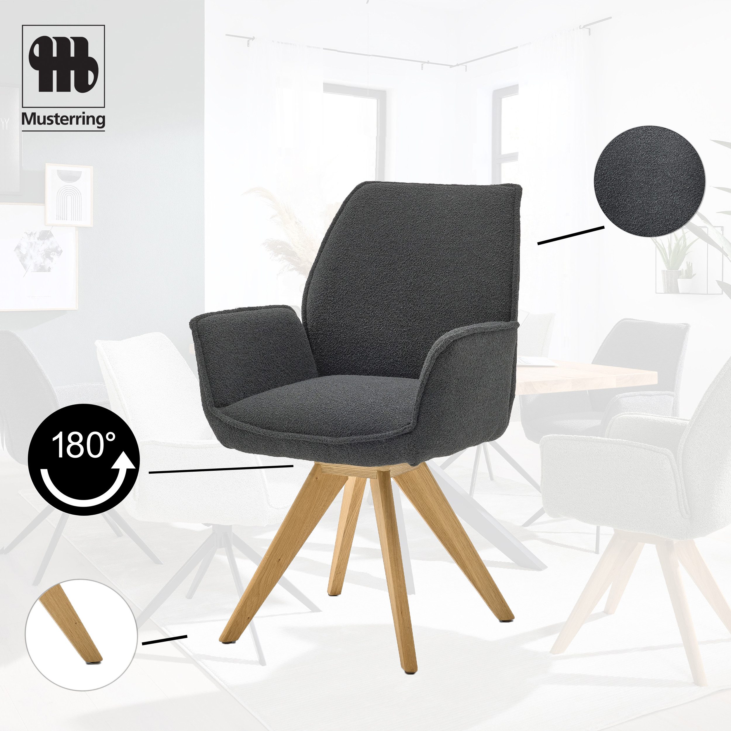 Musterring Esszimmerstuhl Tiama (Set, 2 St), Stativgestell Eiche massiv, 180° drehbar, Stoff Cord oder Bouclé