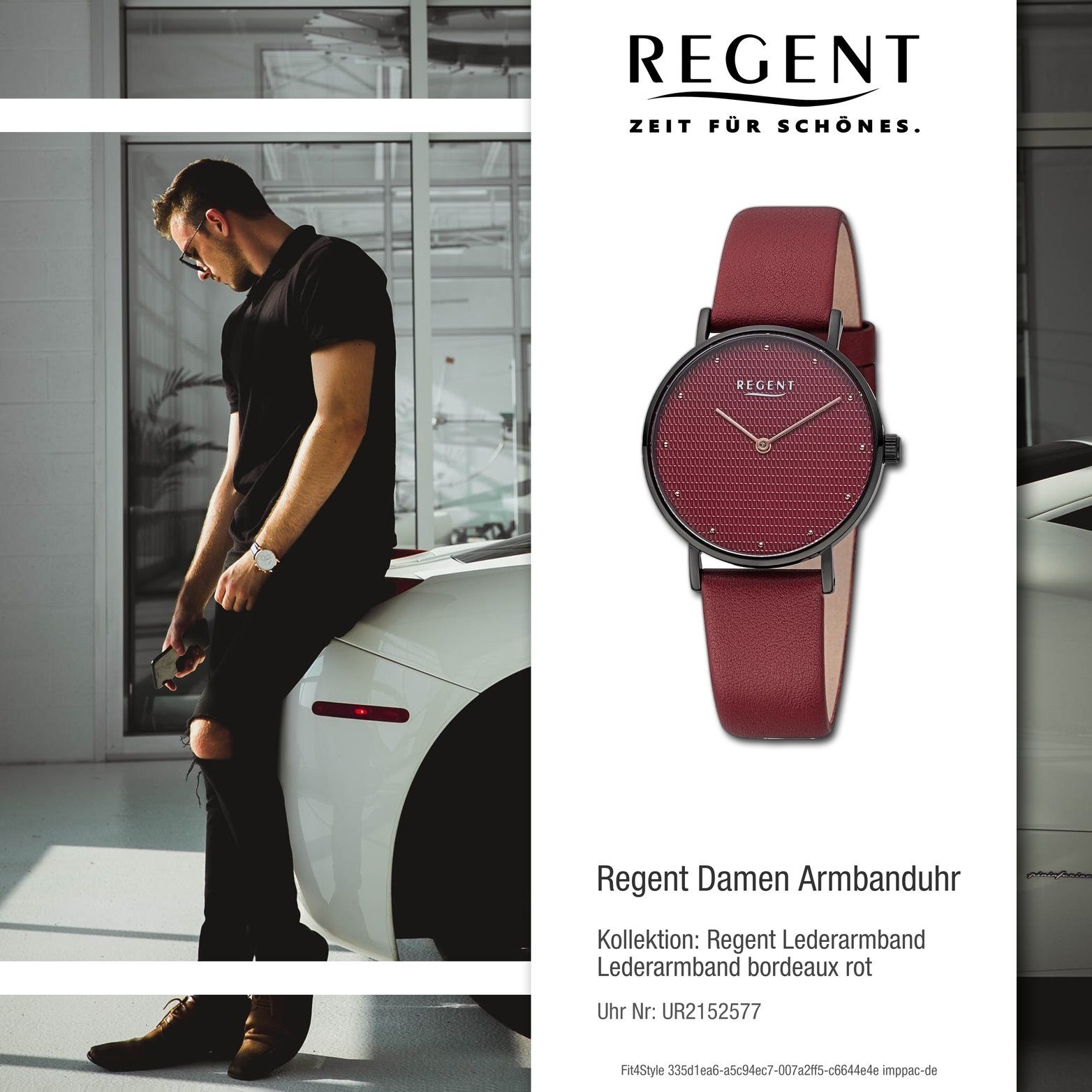 groß (ca. Regent Analog, Gehäuse, rundes Damenuhr Lederarmband Regent Quarzuhr 32mm) bordeaux rot, Armbanduhr Damen