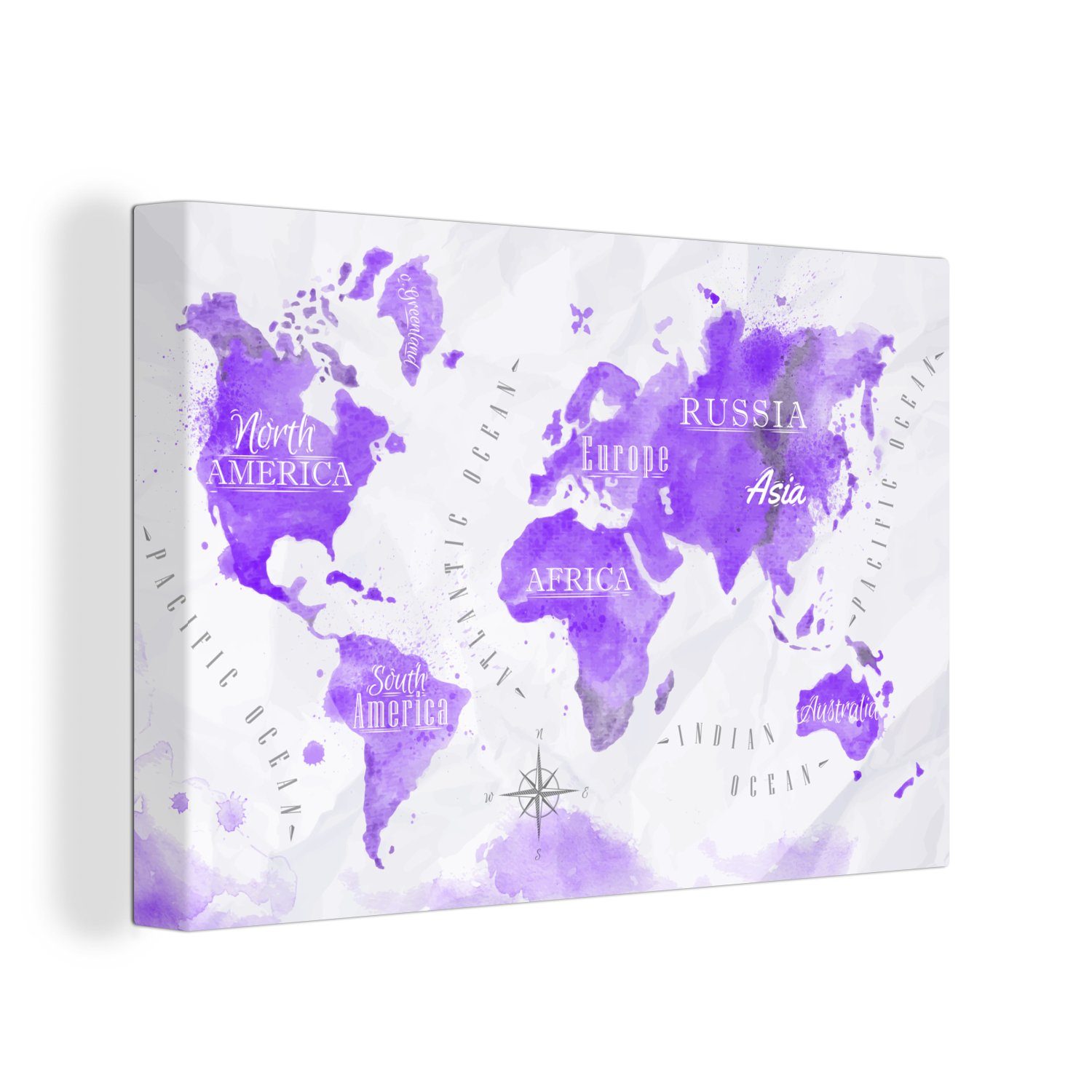 OneMillionCanvasses® Leinwandbild Weltkarte - Ölfarbe - Violett, (1 St), Wandbild Leinwandbilder, Aufhängefertig, Wanddeko, 30x20 cm